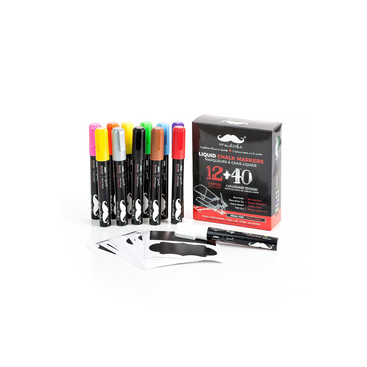 Liquid Chalk Board Window Markers, 12/Pack, With Free 40 Chalkboard Labels - Moustache®
