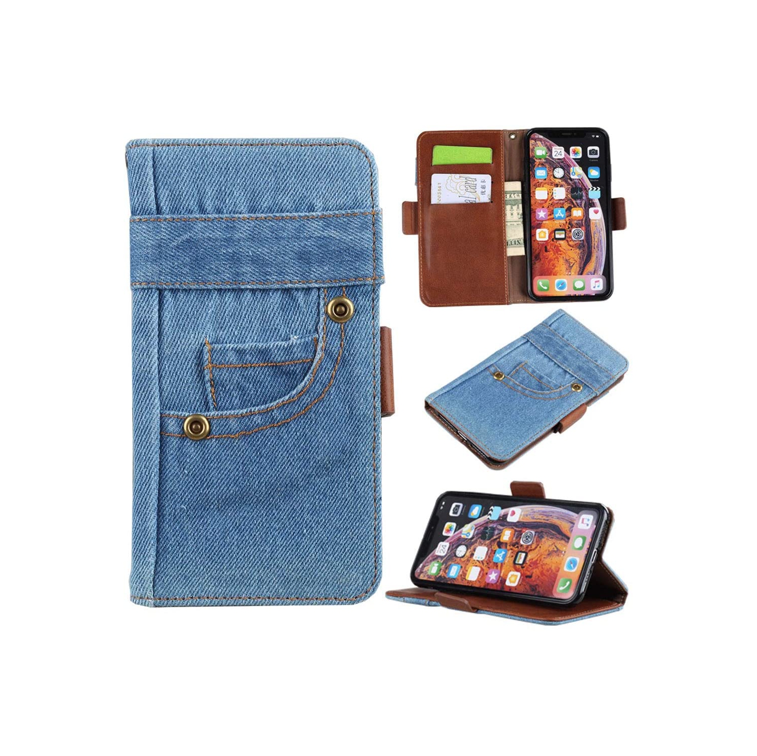 Luxury Real Jeans Magnetic Leather Wallet Case Card Holder High Quality for iPhone 12 Pro Max