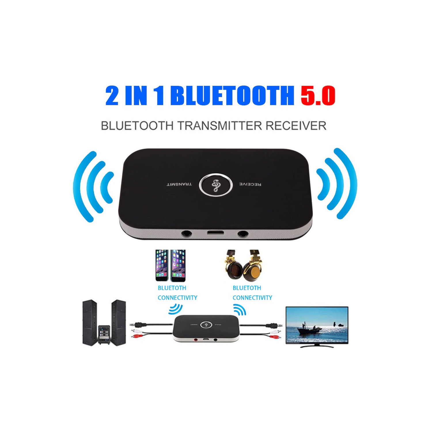 2 in 1 Bluetooth 5.0 Transmitter Receiver Wireless Audio Adapter For PC TV Headphone Car 3.5mm 3.5 AUX Music Receiver Sender