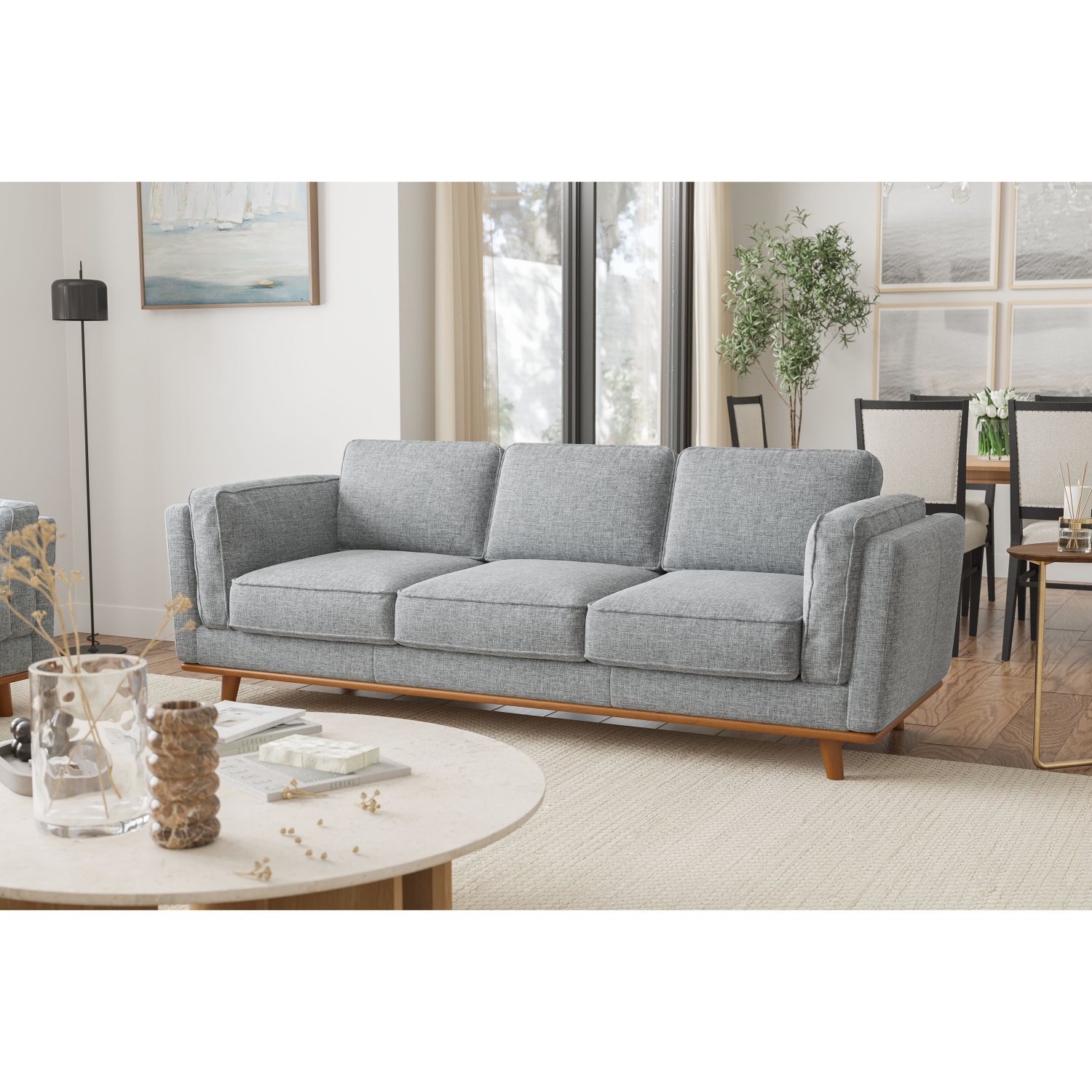 Valencia Artisan Modern Fabric Sofa with Wooden Base, Grey Color