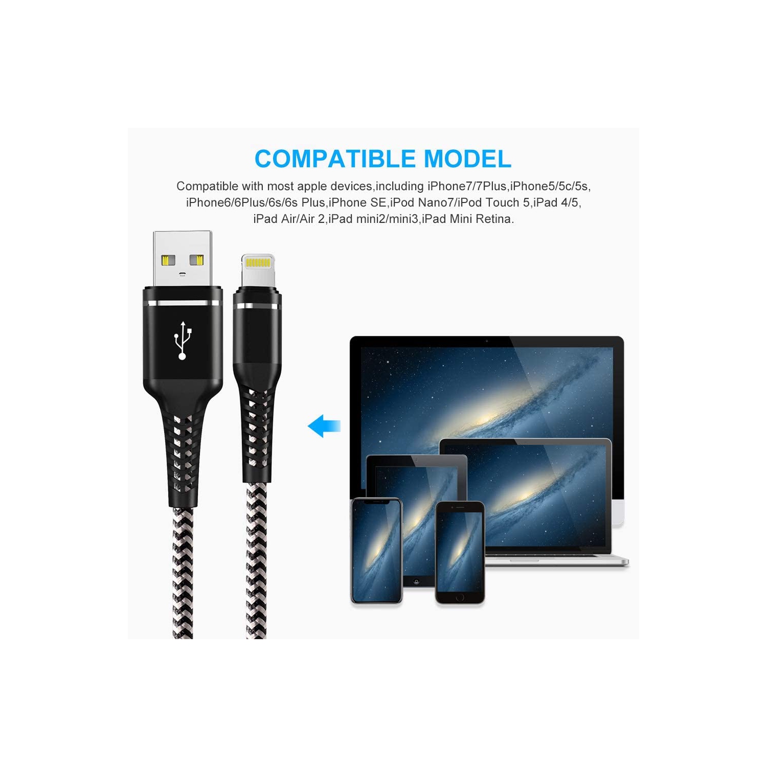 [1.0M/3.3Ft] Heavy Duty Nylon Braid USB to Lightning Fast Charging Data Cable Cord for iPhone iPad iPod, Black