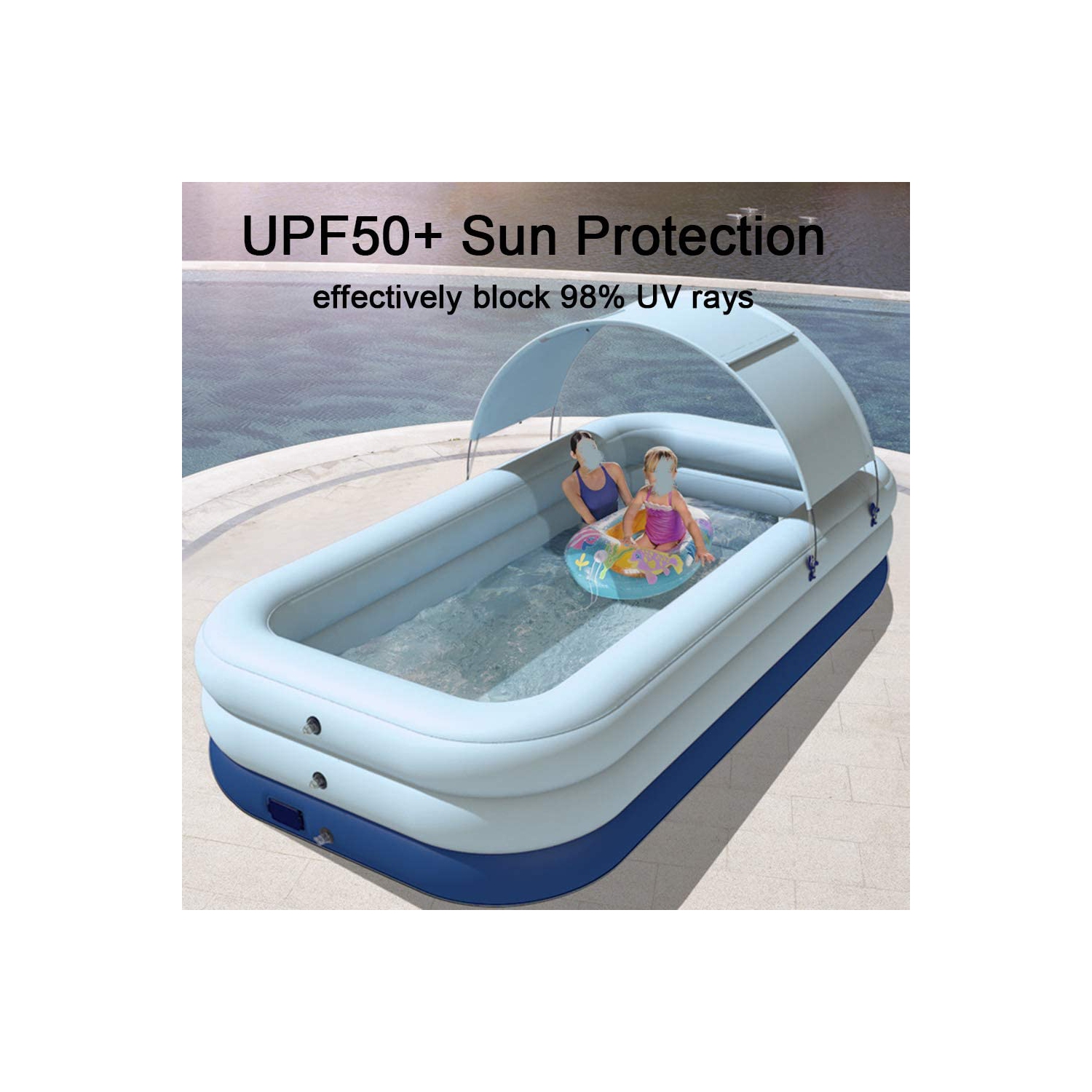 Piscine hors sol, piscine gonflable en un clic pour enfants et adultes en PVC pleine taille avec auvent pour jardin intérieur et extérieur, bleu