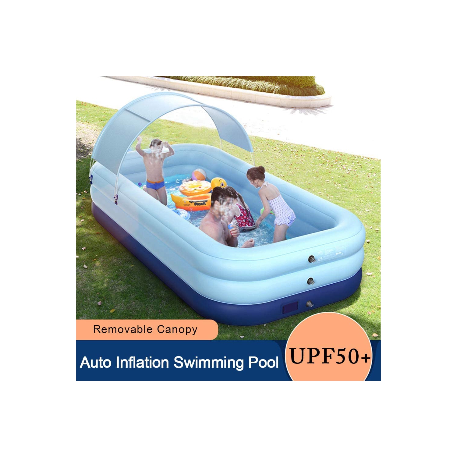 Piscine hors sol, piscine gonflable en un clic pour enfants et adultes en PVC pleine taille avec auvent pour jardin intérieur et extérieur, bleu