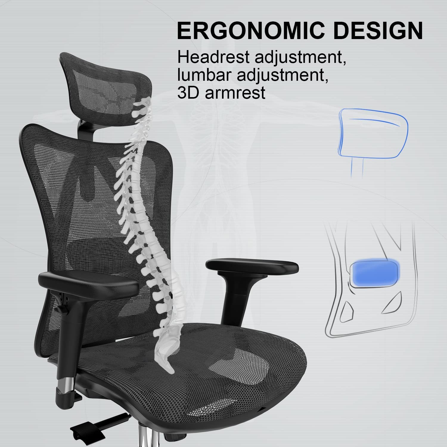 SIHOO Ergonomic Adjustable BLK Office Chair with 3D Arm Rests and Lumbar  Support