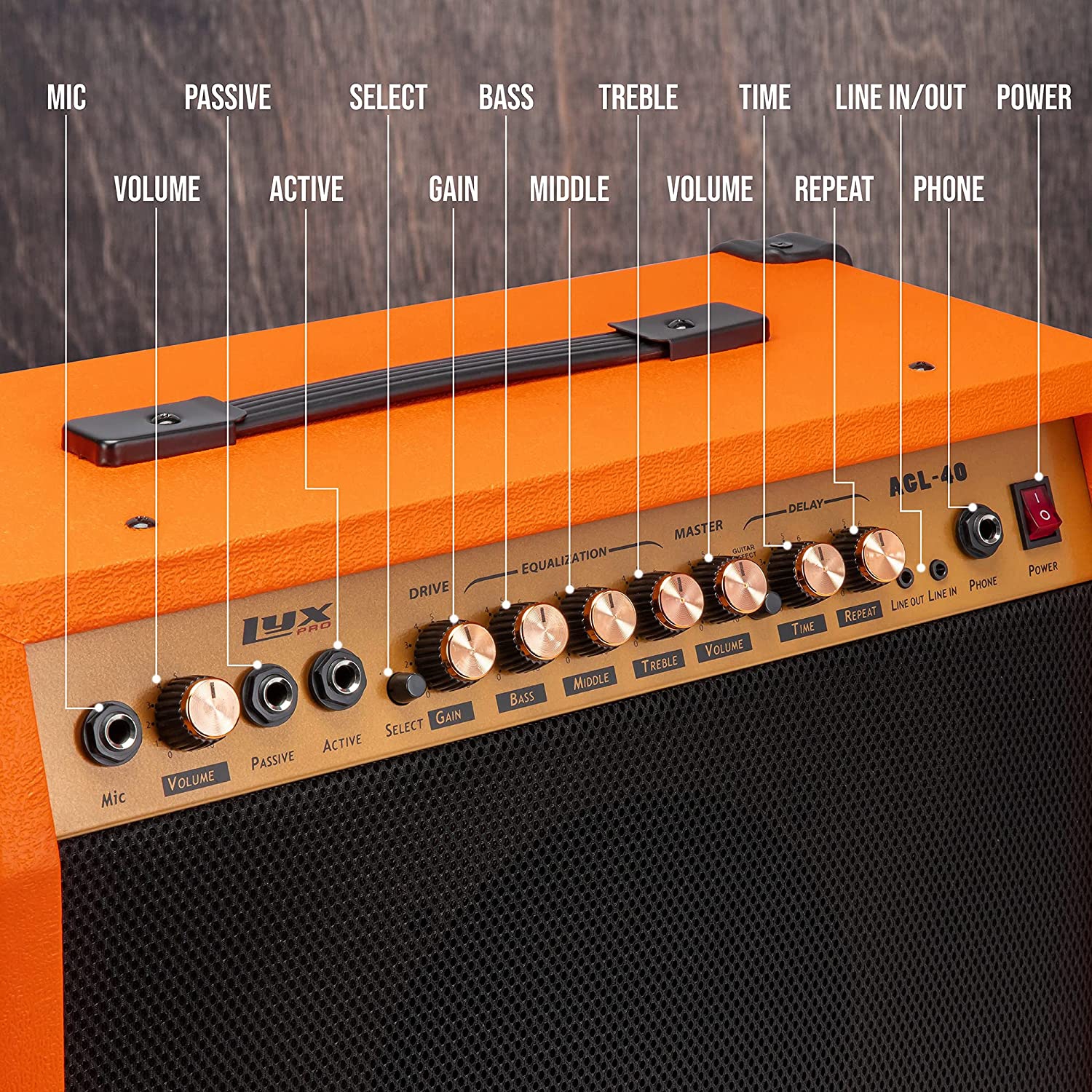 LyxPro 40 Watt Guitar Amplifier Built In Speaker Active Passive, Headphone And Microphone,Aux Input Includes Gain Bass Middle Treble Delay Time