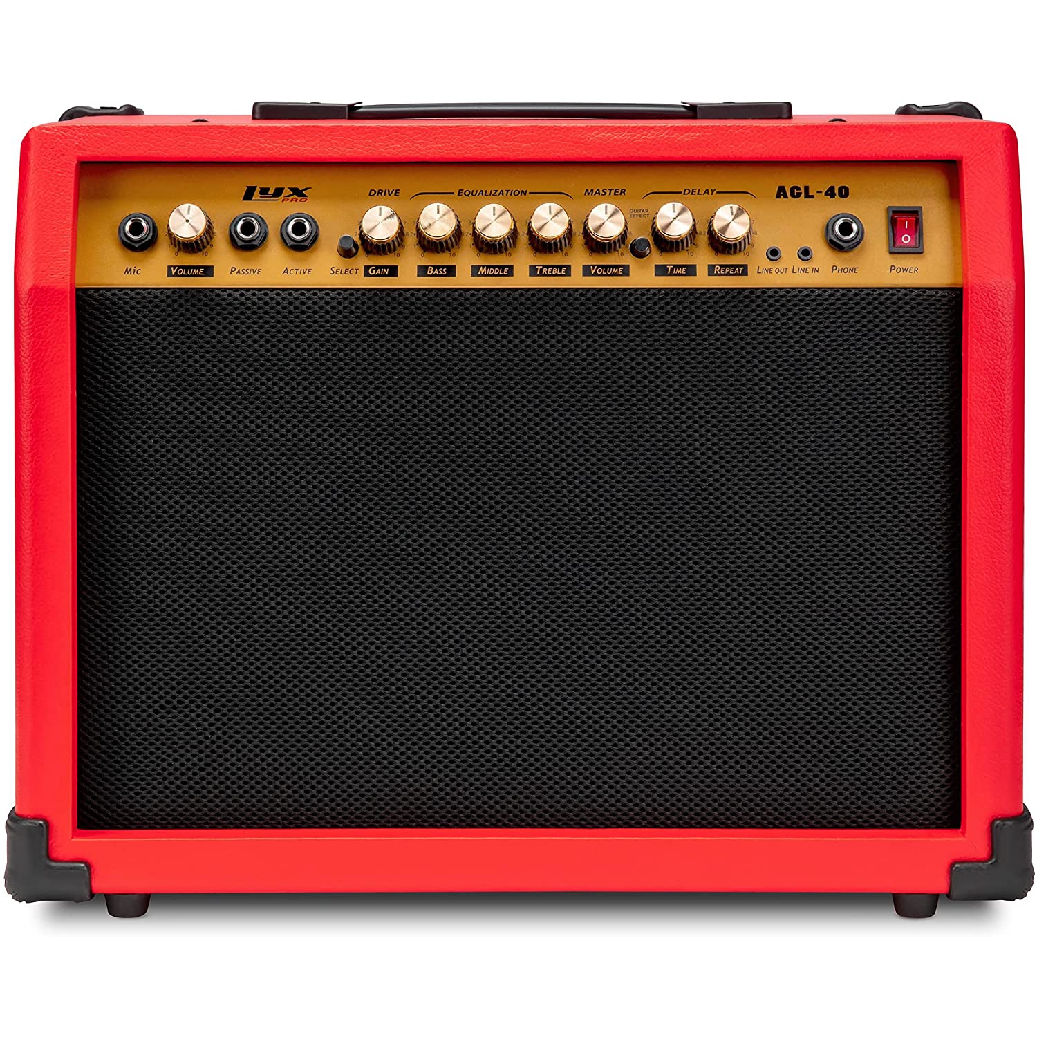 LyxPro 40 Watt Guitar Amplifier Built In Speaker Active Passive, Headphone And Microphone,Aux Input Includes Gain Bass Middle Treble Delay Time Repeat Volume And Grind, Red
