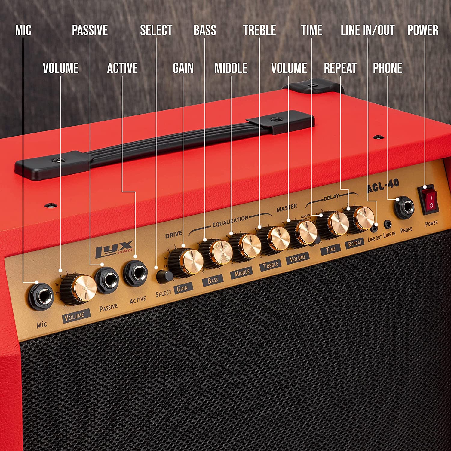 LyxPro 40 Watt Guitar Amplifier Built In Speaker Active Passive, Headphone And Microphone,Aux Input Includes Gain Bass Middle Treble Delay Time