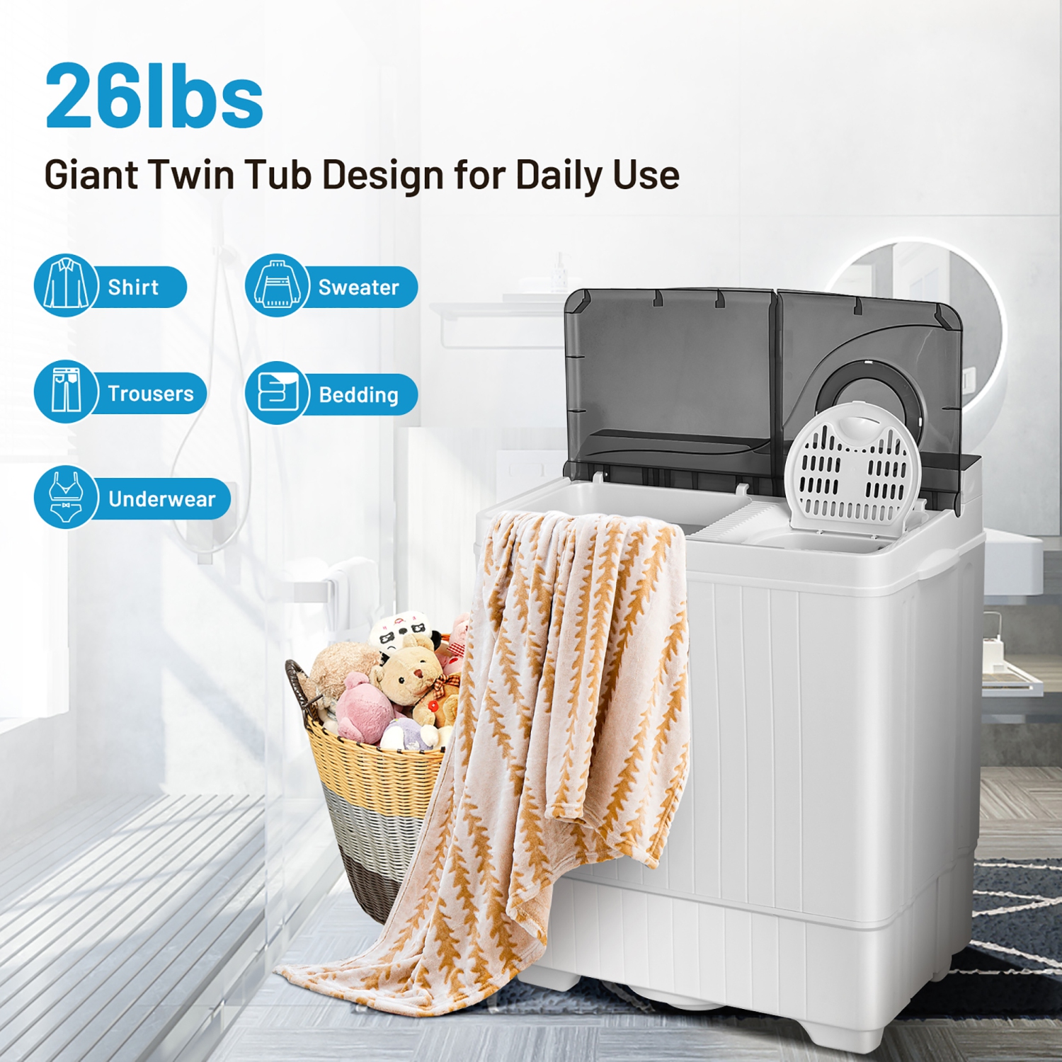 Costway 26lbs Portable Semi-automatic Washing Machine W/Built-in Drain Pump