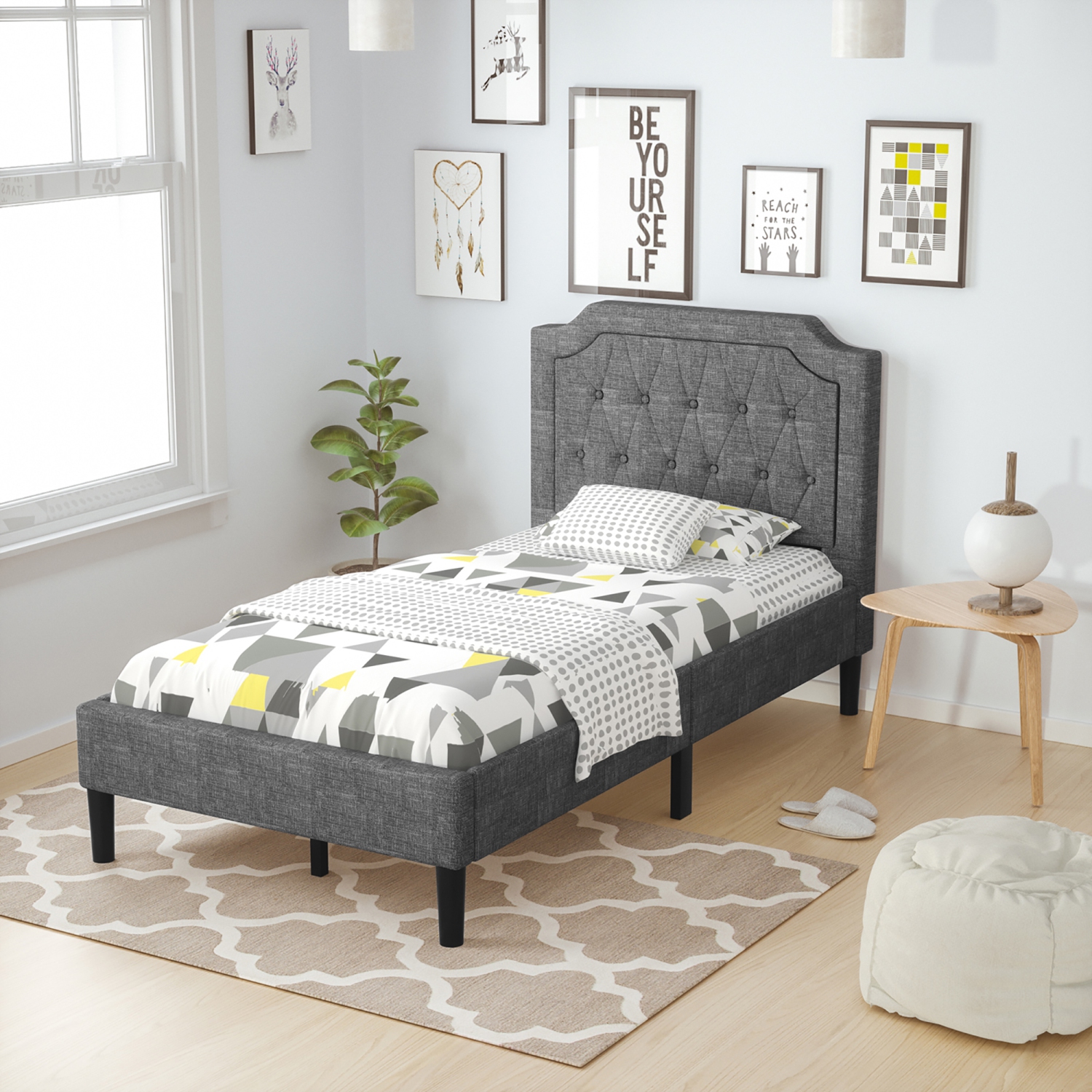Costway Twin Upholstered Platform Bed Frame Linen Headboard Mattress Foundation