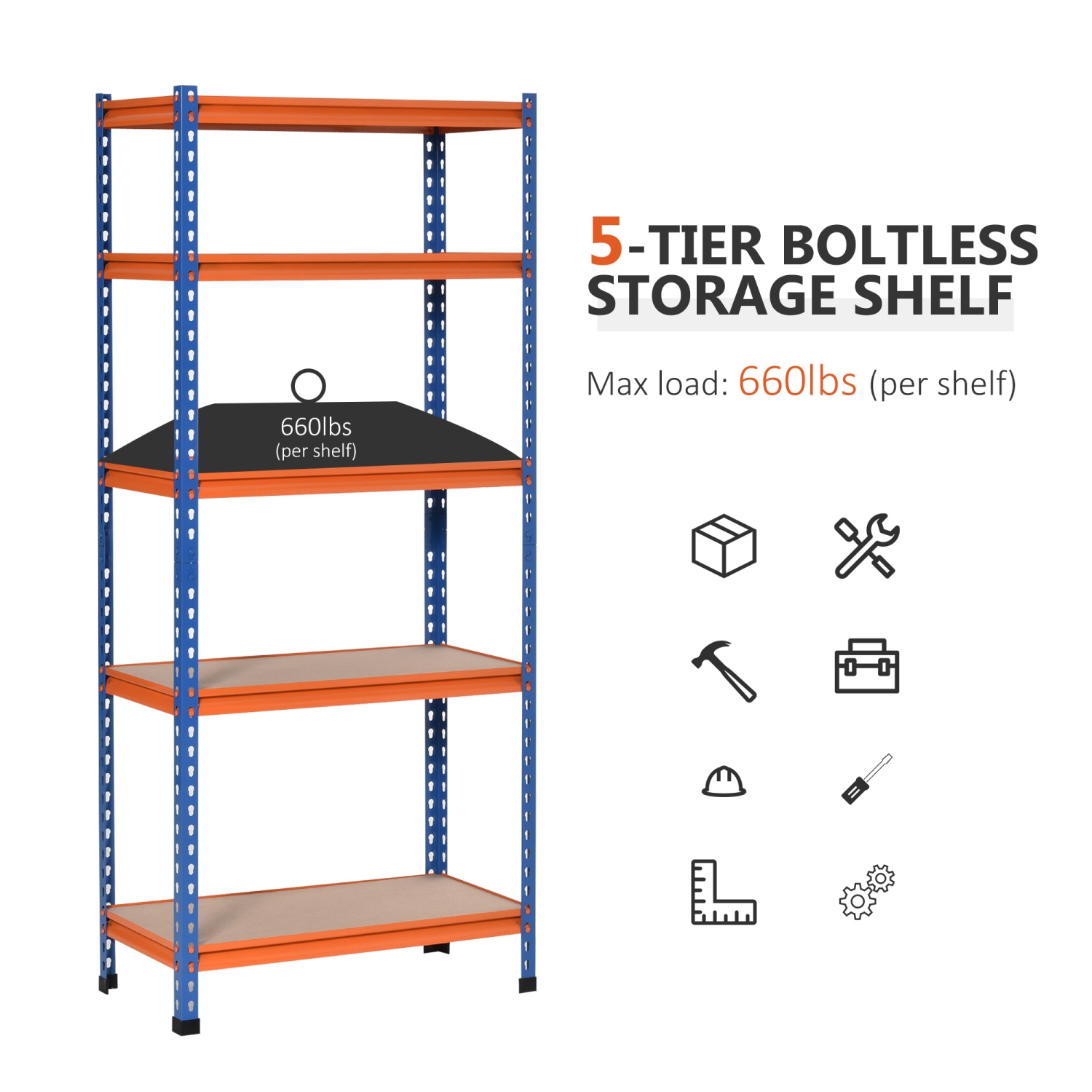 HOMCOM – Étagère de garage robuste à 5 niveaux, étagère en métal avec tablettes réglables, cadre en métal, 31 x 5 x 71,75 po, capacité