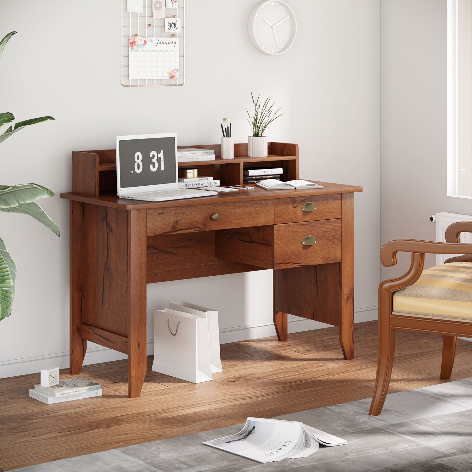 Homcom Bureau d'ordinateur avec huche de rangement, tiroir, table d'écriture pour bureau à domicile, poste de travail, 47,25''x21,75''x36,25'', marron