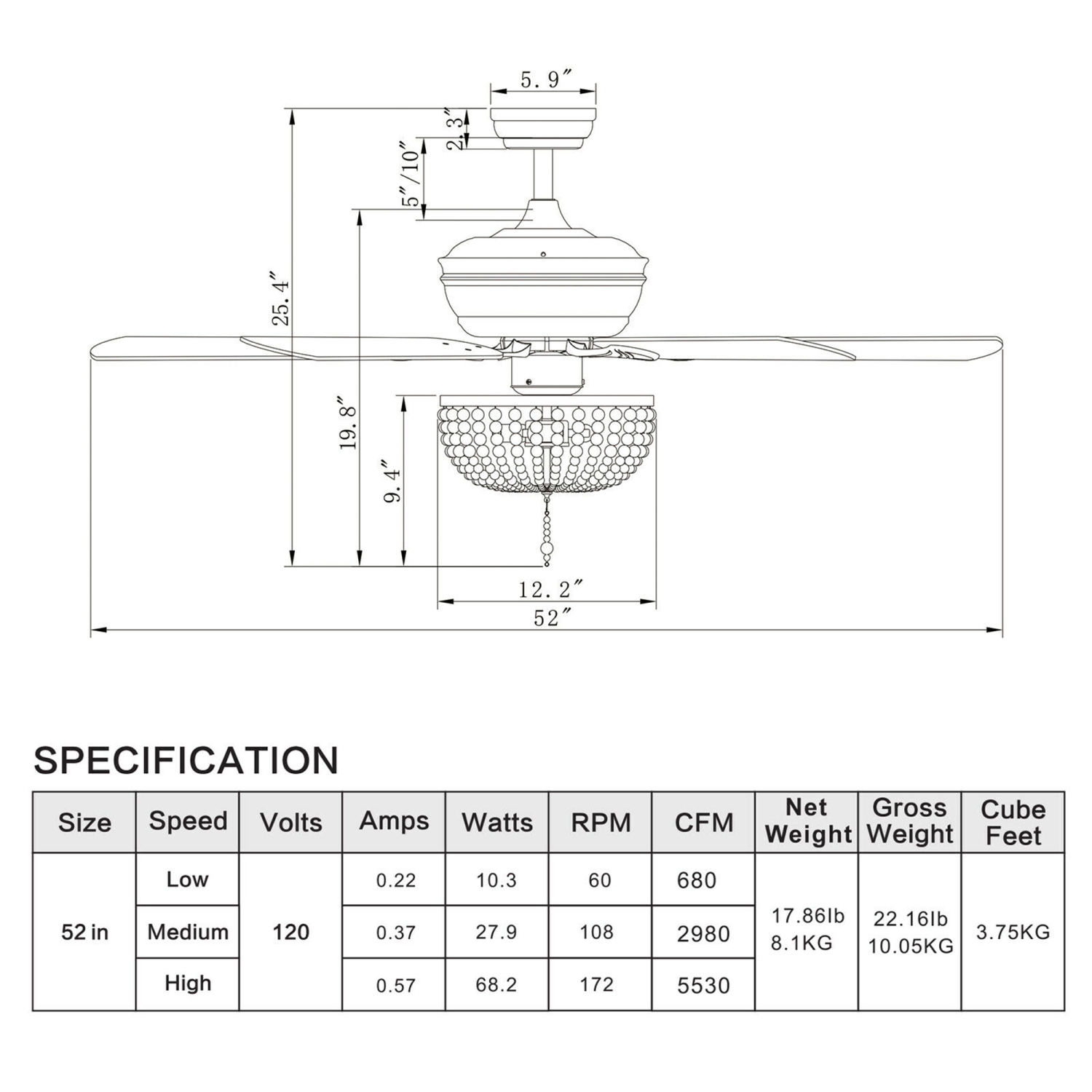 Lampe de plafond rétro Gymax 52 po avec télécommande réversible à pales