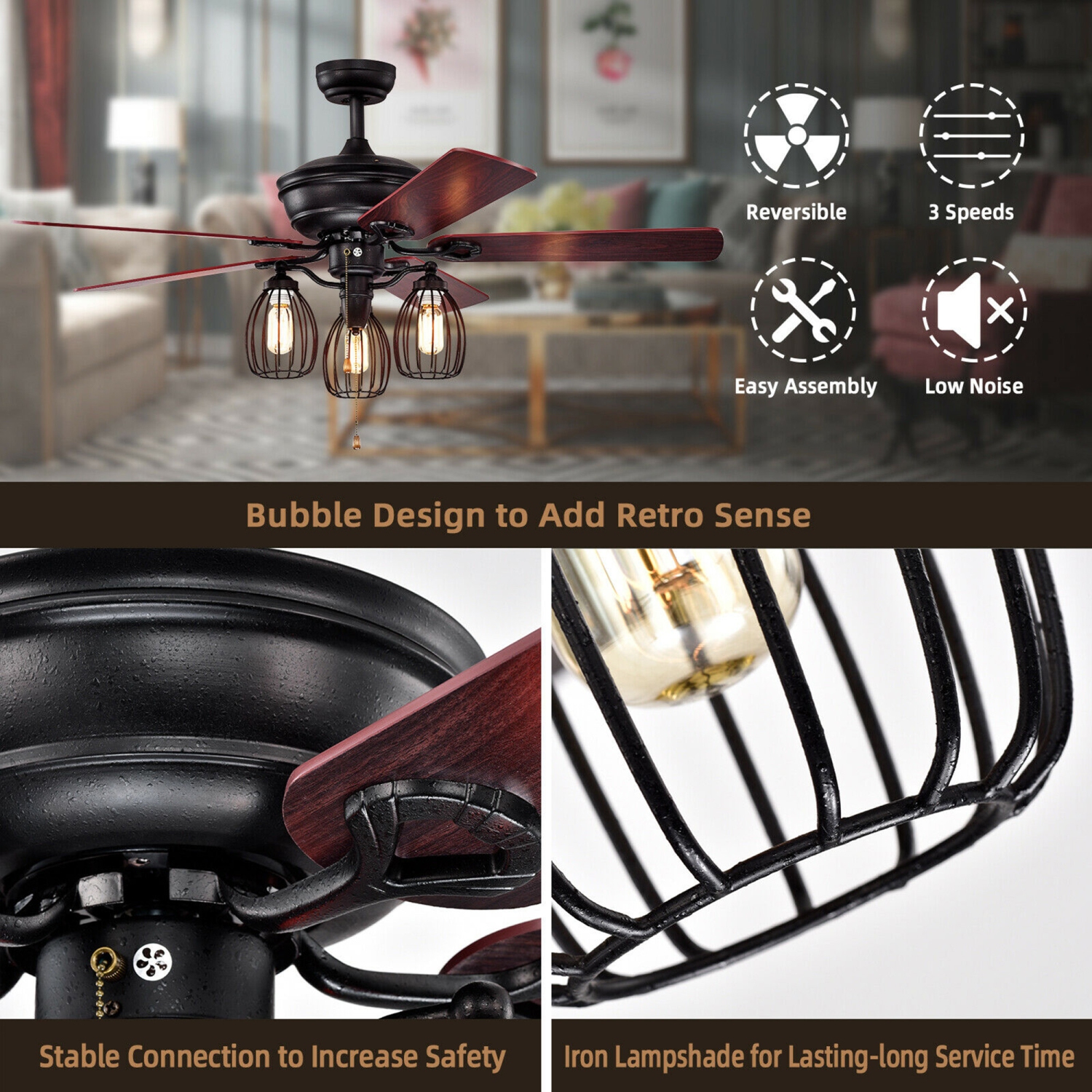 Gymax Ventilateur de Plafond de 52'' à Lumières, 5 Pales Réversibles, 3 Bulbes Lumineux,Ventilateur de Plafond Rétro