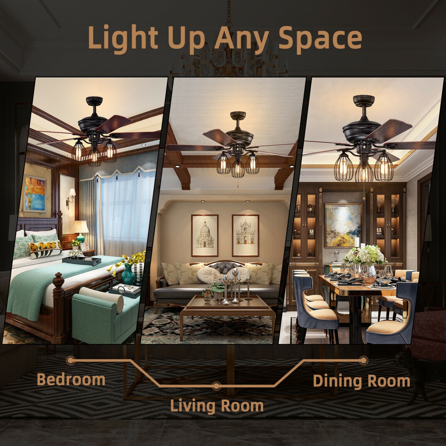 Gymax Ventilateur de Plafond de 52'' à Lumières, 5 Pales Réversibles, 3 Bulbes Lumineux,Ventilateur de Plafond Rétro