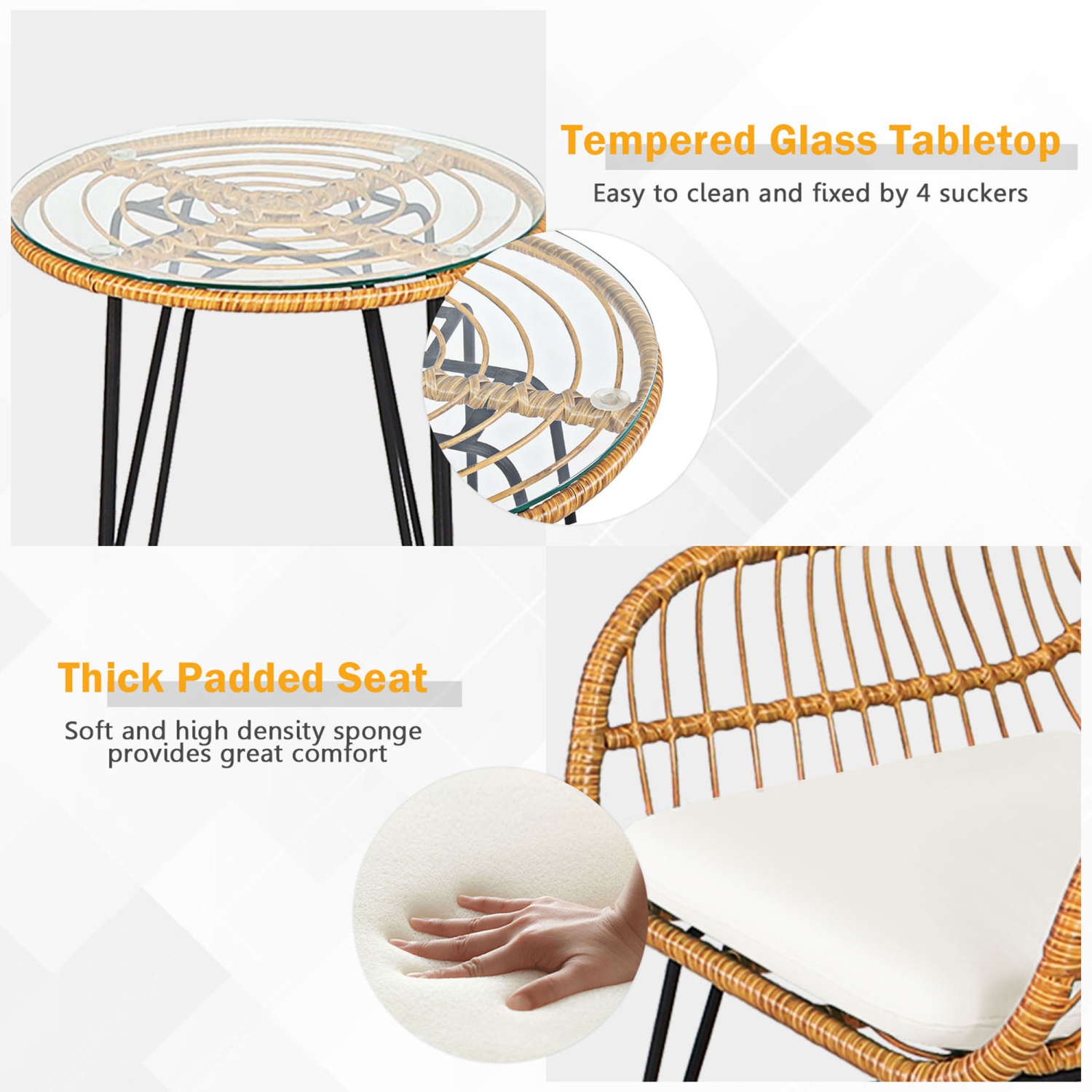 Gymax - Ensemble de 3 Pièces de Salon de Jardin; Table Basse et Chaises avec Coussins