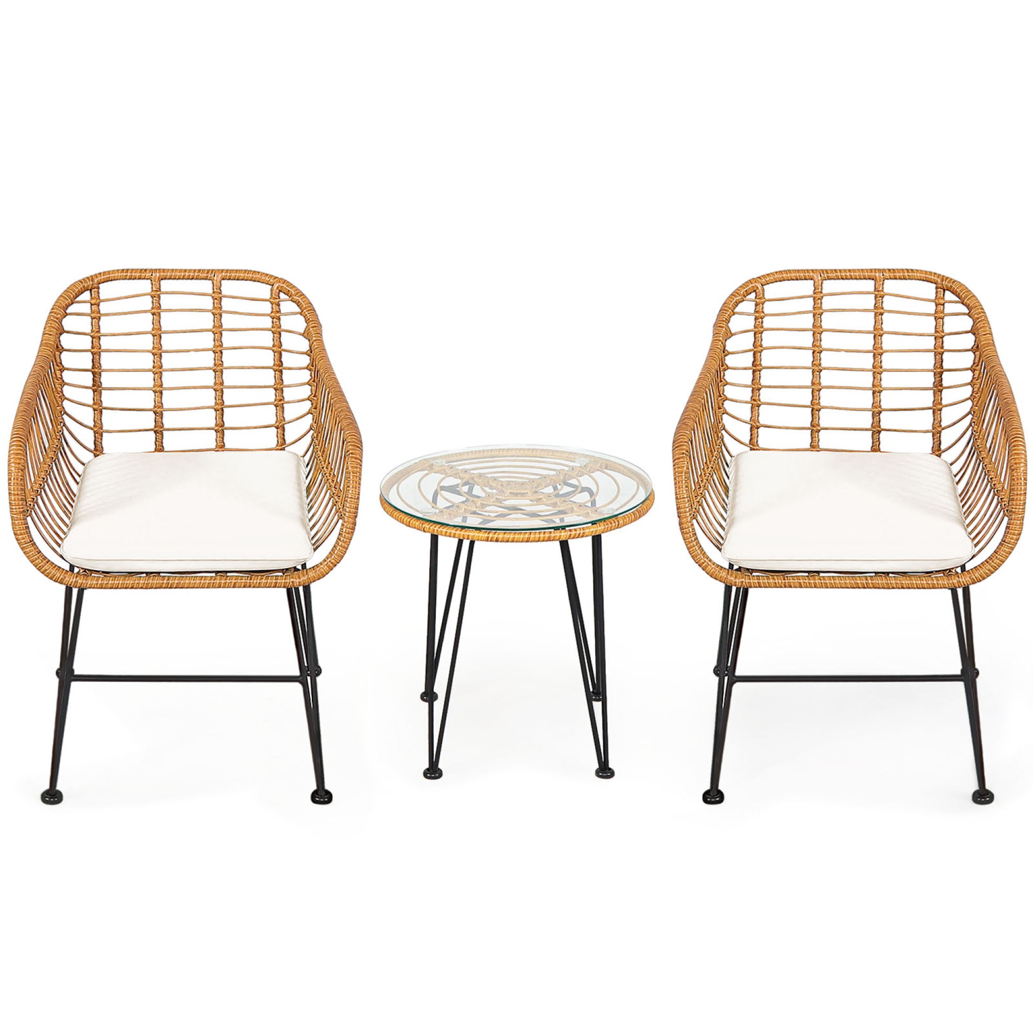 Gymax - Ensemble de 3 Pièces de Salon de Jardin; Table Basse et Chaises avec Coussins