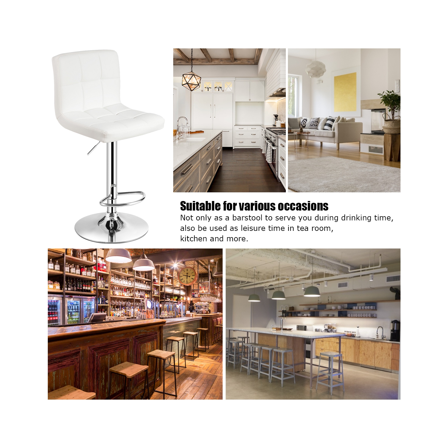 Costway Set of 2 Adjustable Bar Stools PU Leather Swivel Kitchen Counter Pub Chair