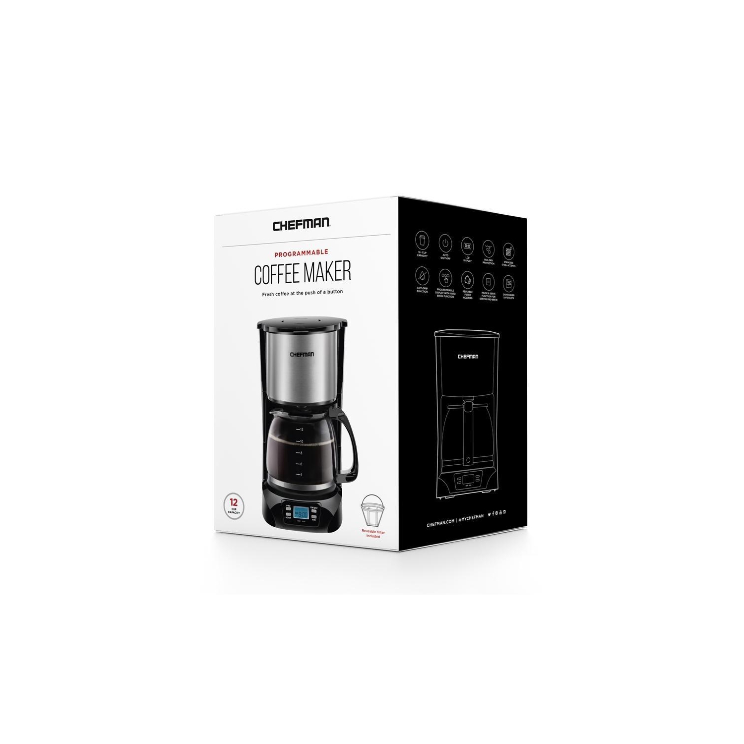 Chefman - Programmable Coffee Maker with 12 Cup Capacity, Stainless Steel