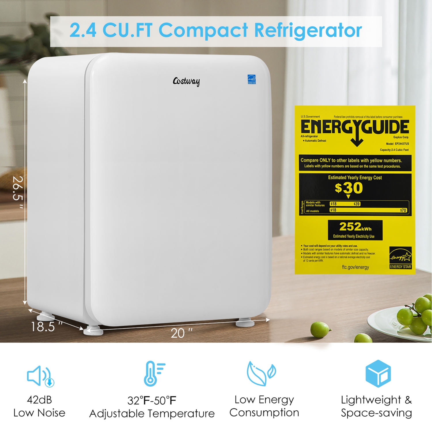 Costway 2.4 Cu.Ft. Compact Refrigerator Auto Defrost Mini Fridge Reversible Door