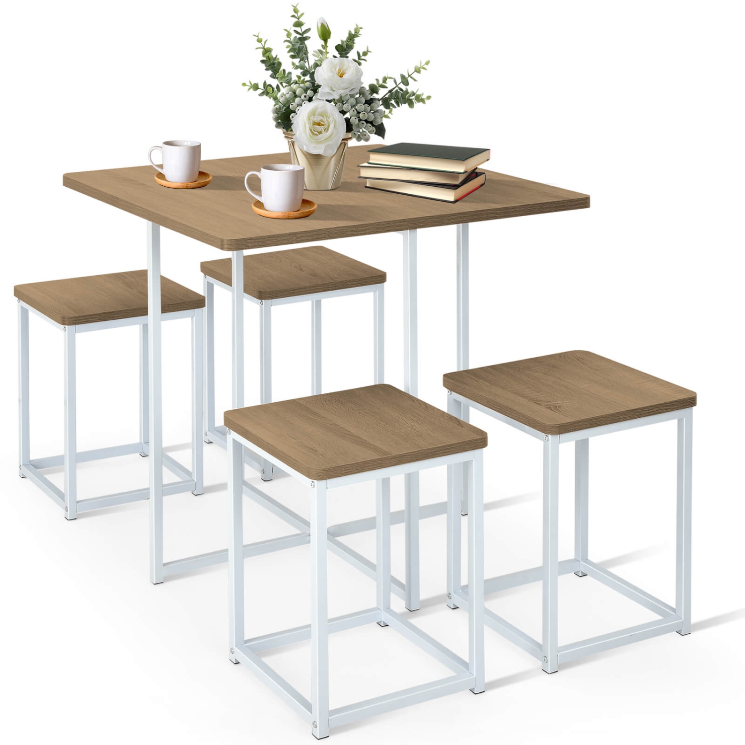 Costway 5pcs Dining Set Compact Dining Table and 4 Stools Metal Frame