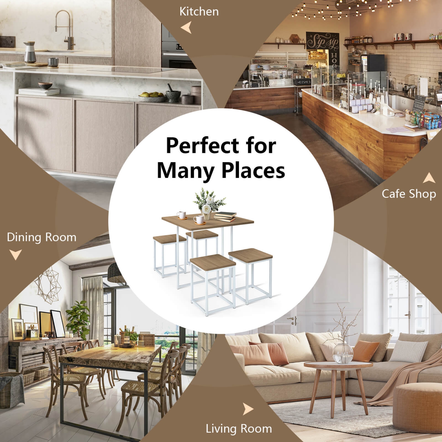 Costway 5pcs Dining Set Compact Dining Table and 4 Stools Metal Frame