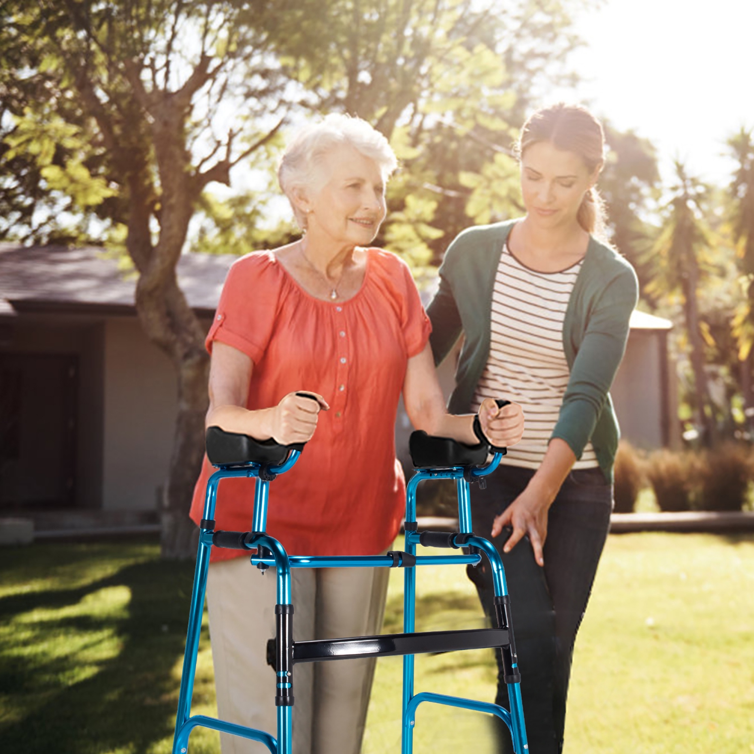 Costway Folding Wheel Walking Frame Adjustable Alloy Walker W/Armrest Support