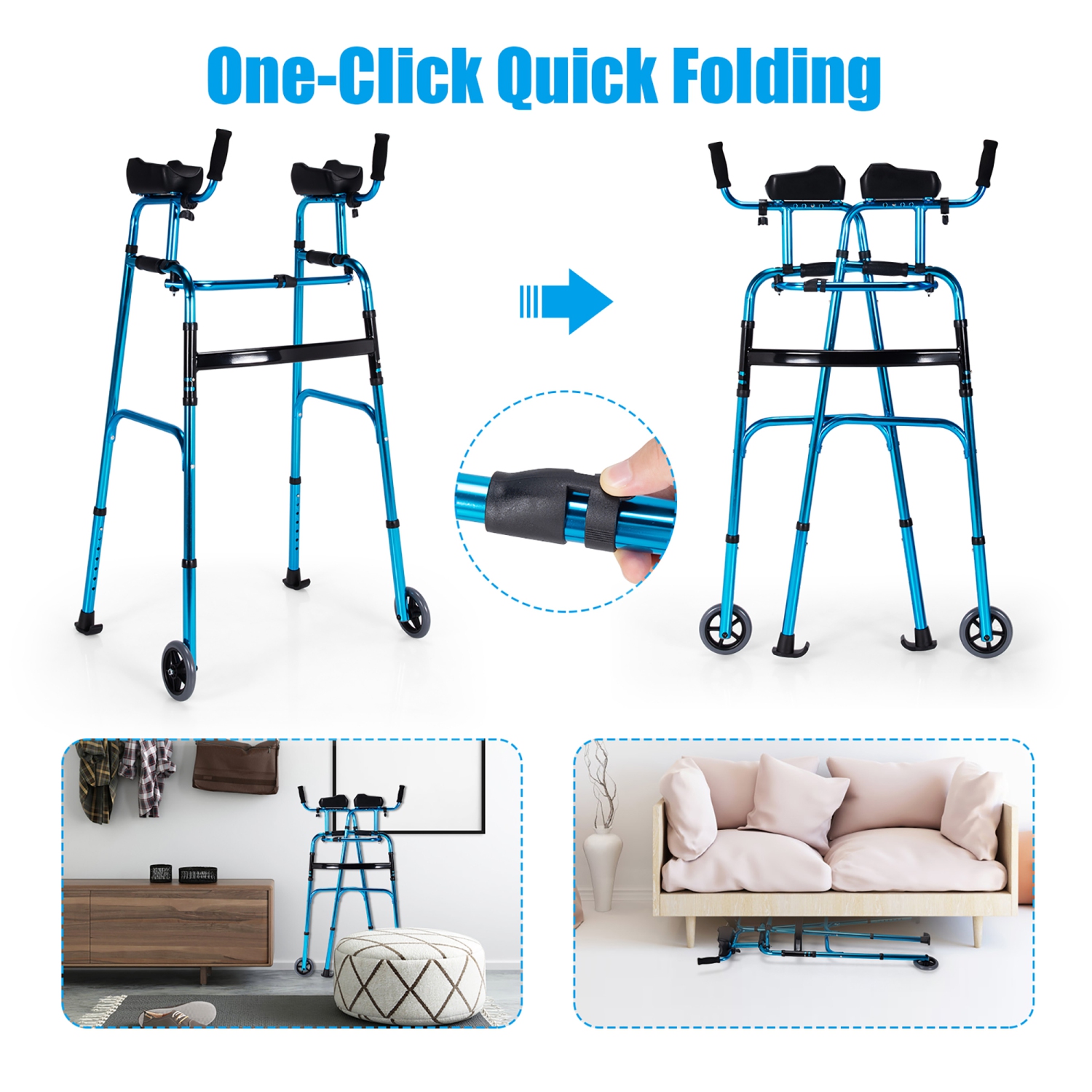 Costway Folding Wheel Walking Frame Adjustable Alloy Walker W/Armrest Support