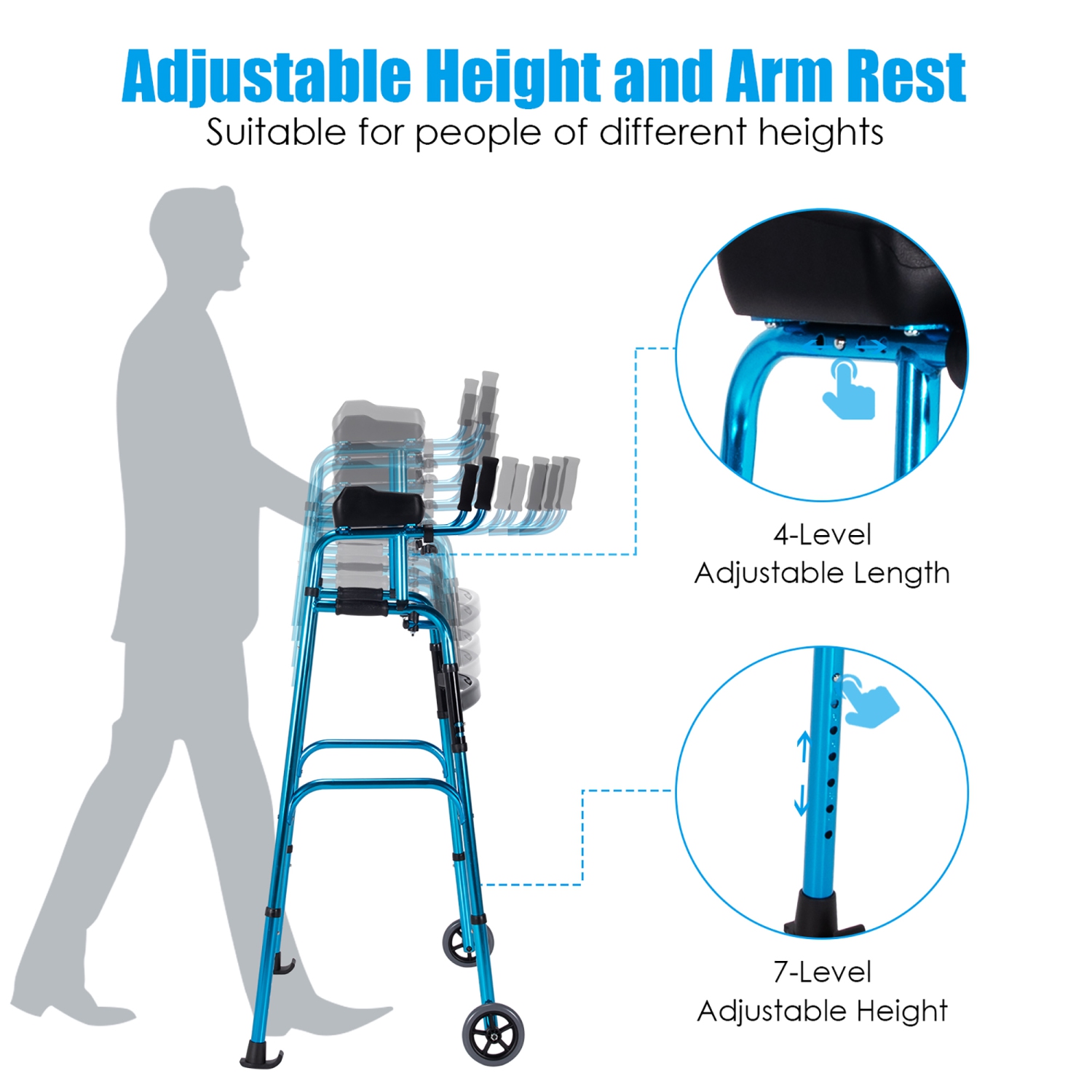 Costway Folding Wheel Walking Frame Adjustable Alloy Walker W/Armrest Support