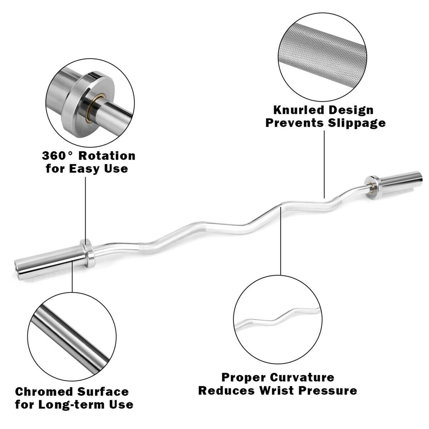 Costway 48''Chrome Steel Olympic EZ Curl Bar 28mm Grip Home Gym Fitness Equipment Silver