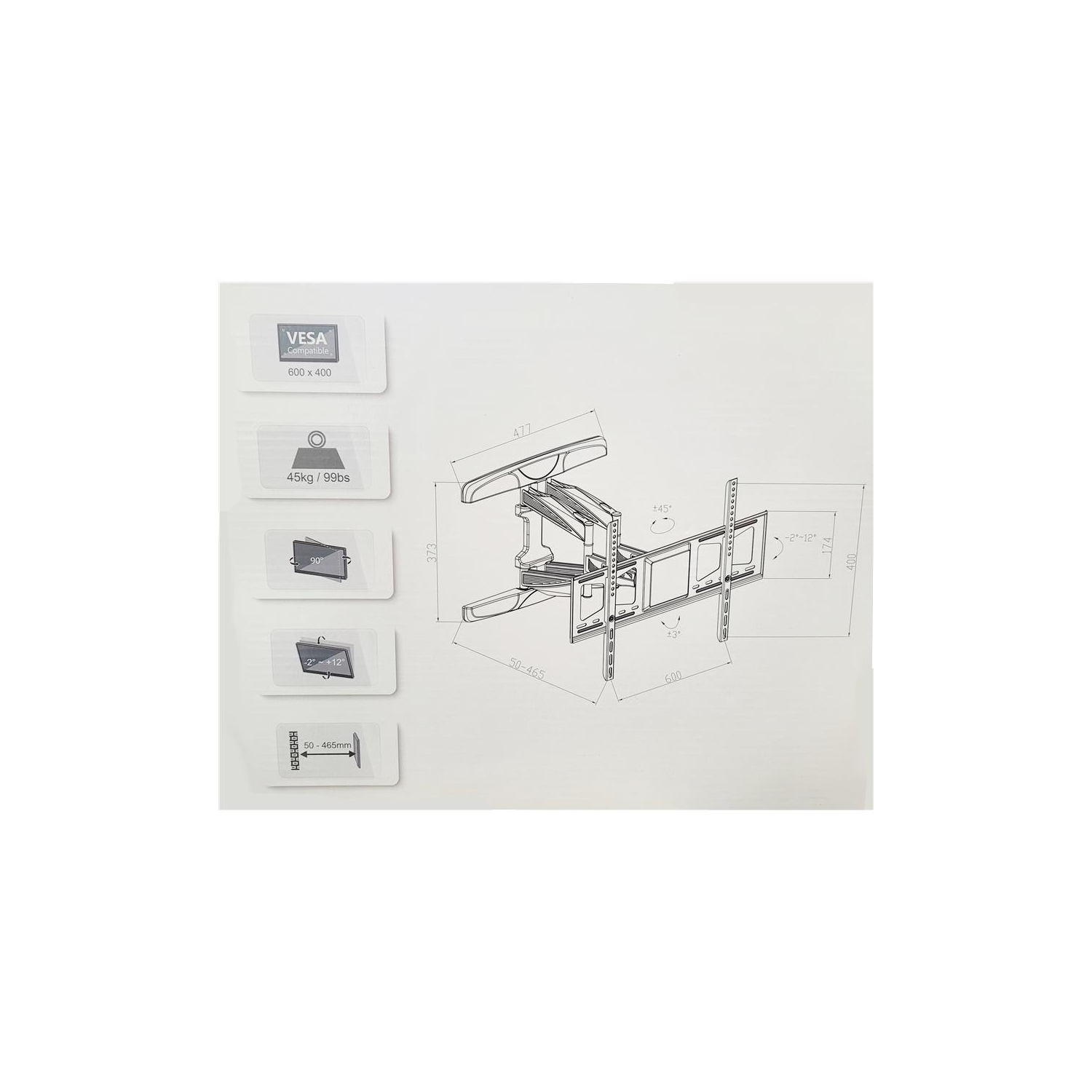 AMX - Support mural à double articulation pour téléviseurs de 32 à 55 po, poids maximal de 45 kg, noir