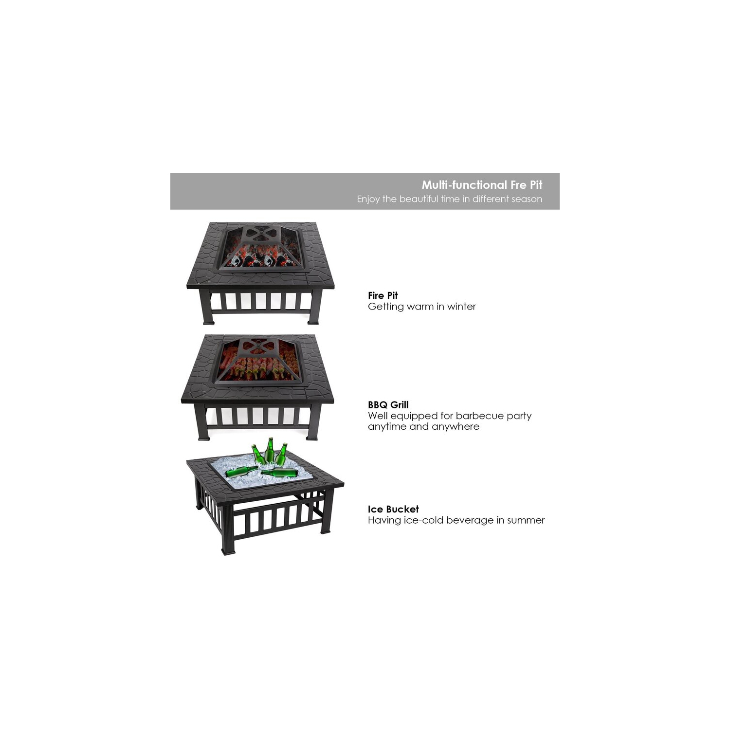 Crown Square 32 Inch Steel Outdoor BBQ Wood Burning Fire Pit