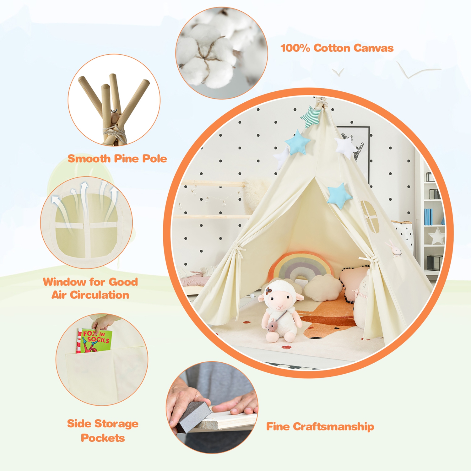 Costway Kids Canvas Teepee Play Tent Foldable Playhouse Toys for Indoor Outdoor