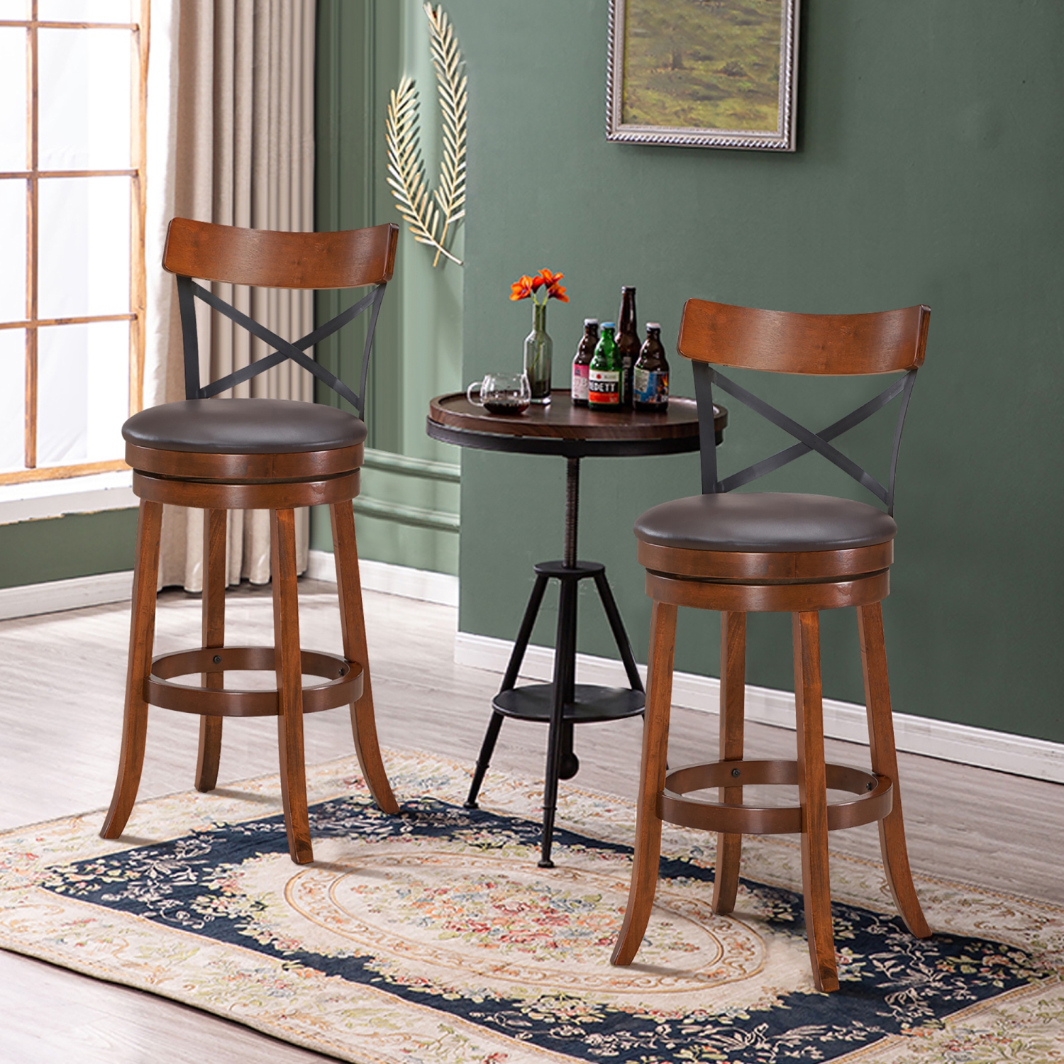 Costway Set of 2 Bar Stools Swivel 29.5'' Dining Bar Chairs with Rubber Wood Legs