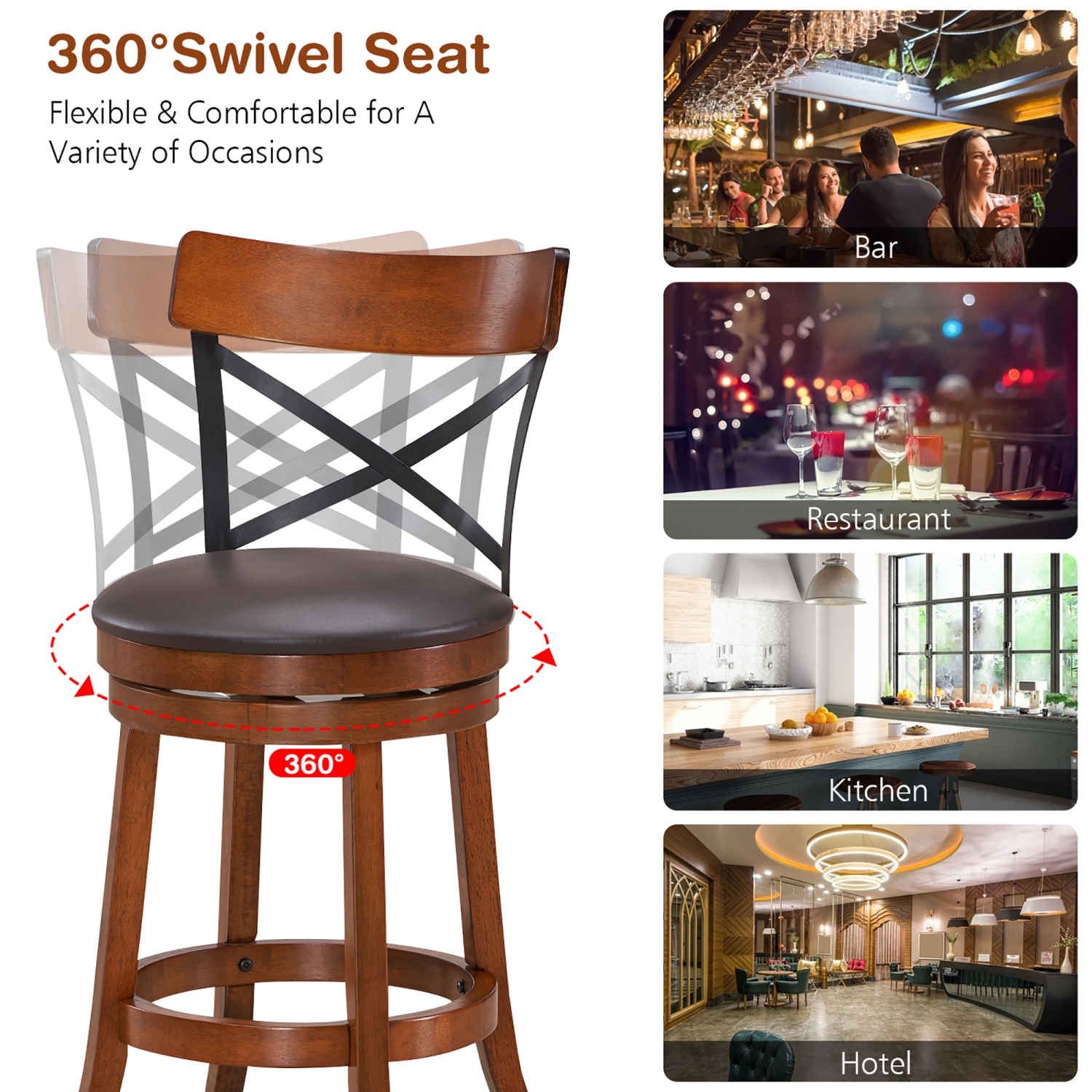 Costway Set of 2 Bar Stools Swivel 29.5'' Dining Bar Chairs with Rubber Wood Legs
