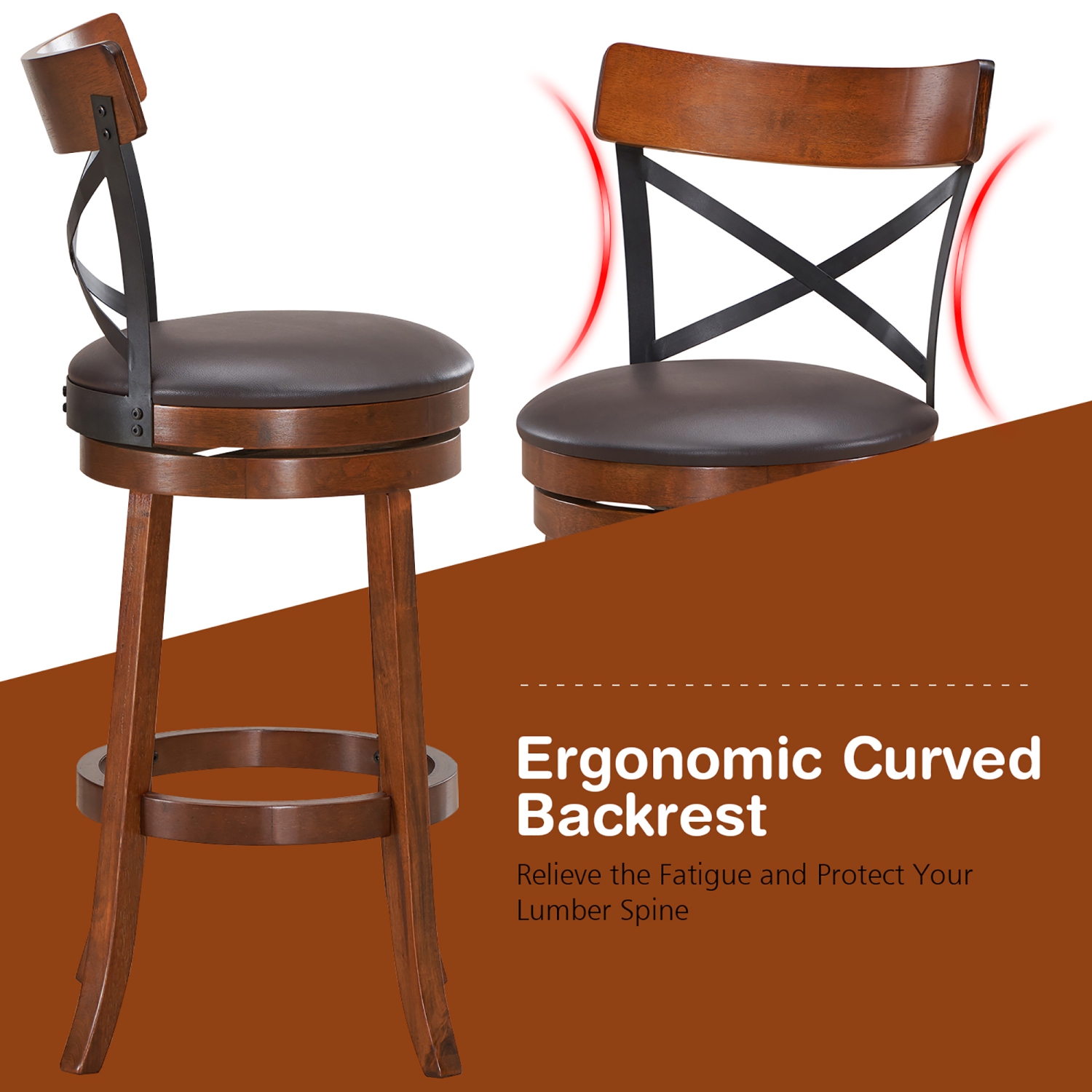 Costway Set of 2 Bar Stools Swivel 29.5'' Dining Bar Chairs with Rubber Wood Legs