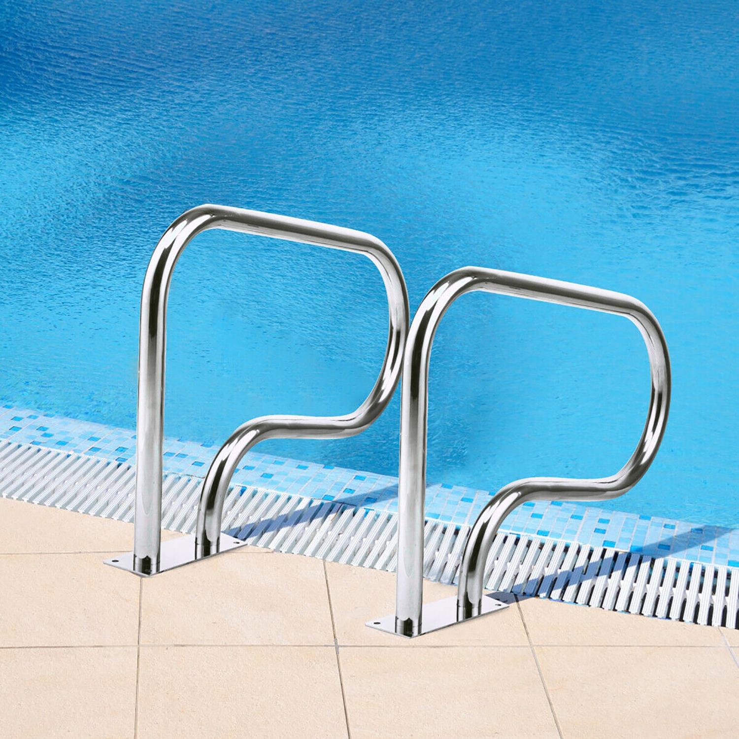 Costway Swimming Pool Hand Rail Stainless Steel Ladder Handrail Stair Rail w/ Base Plate