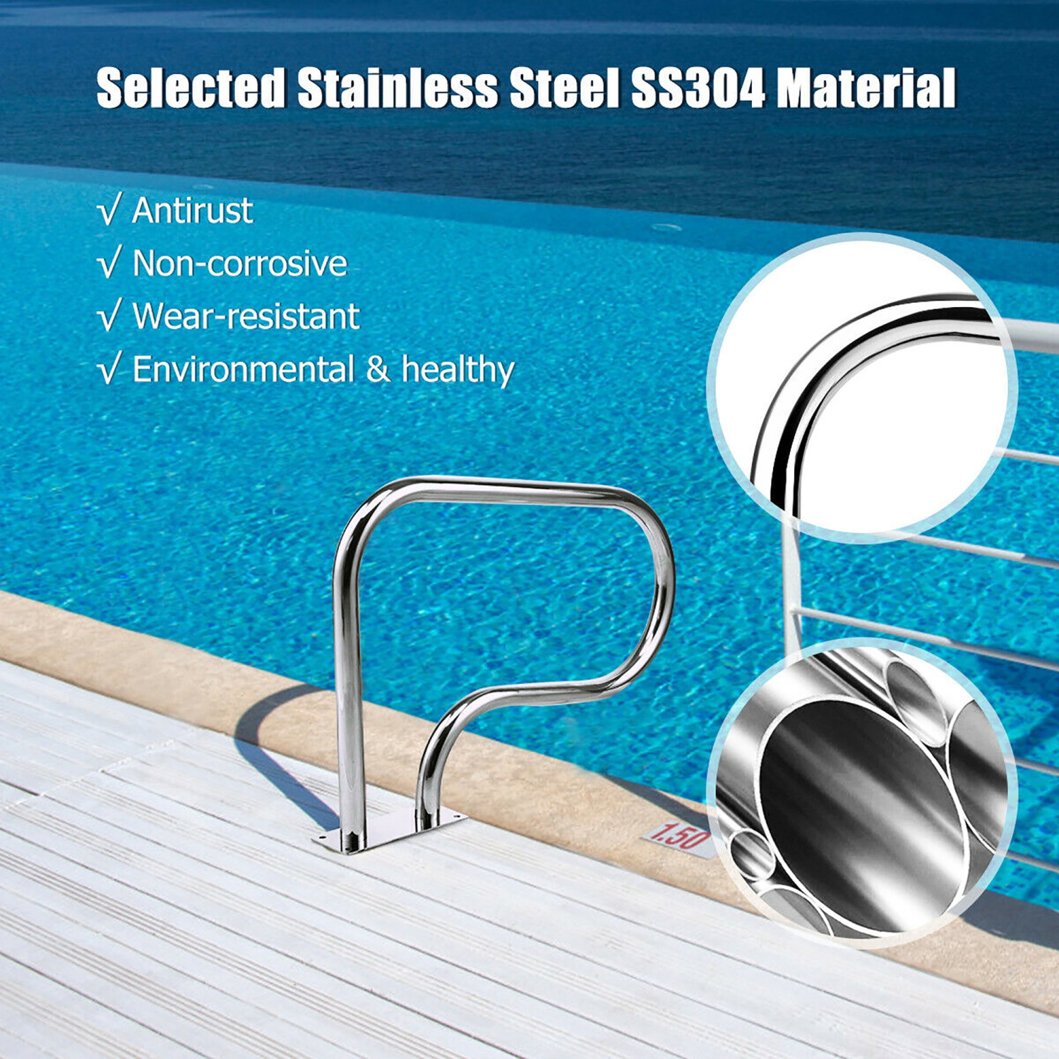 Costway Swimming Pool Hand Rail Stainless Steel Ladder Handrail Stair Rail w/ Base Plate