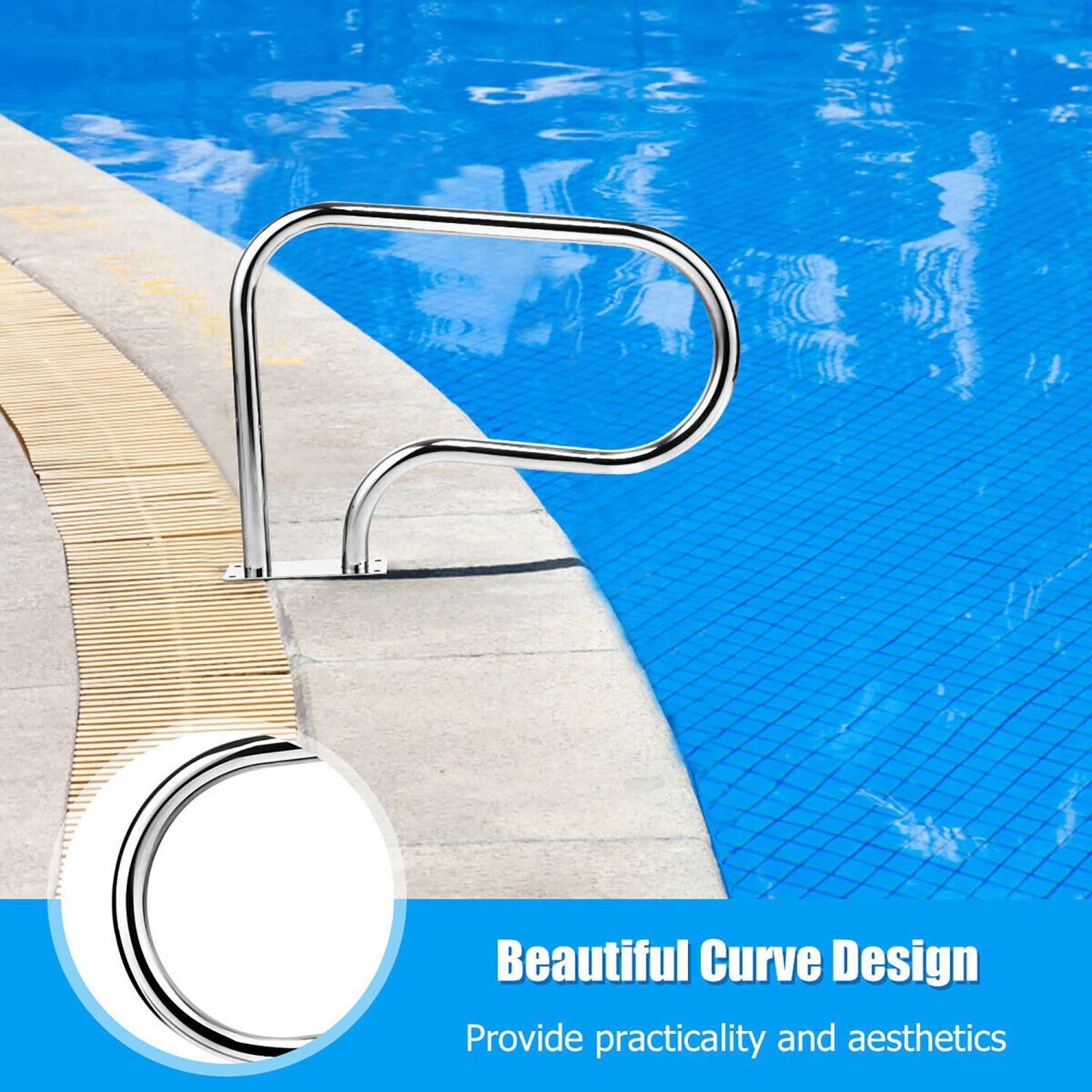 Costway Swimming Pool Hand Rail Stainless Steel Ladder Handrail Stair Rail w/ Base Plate