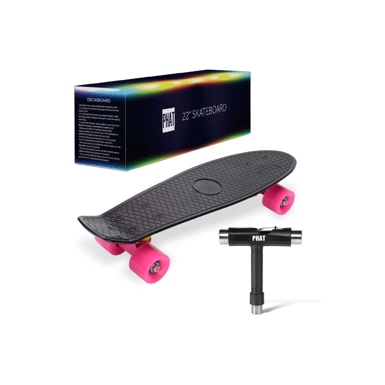 PHAT™ Plastic Cruiser Skateboard with All-in-One Skate T-Tool，22" Mini Street Surfing Skate board - Black Pink