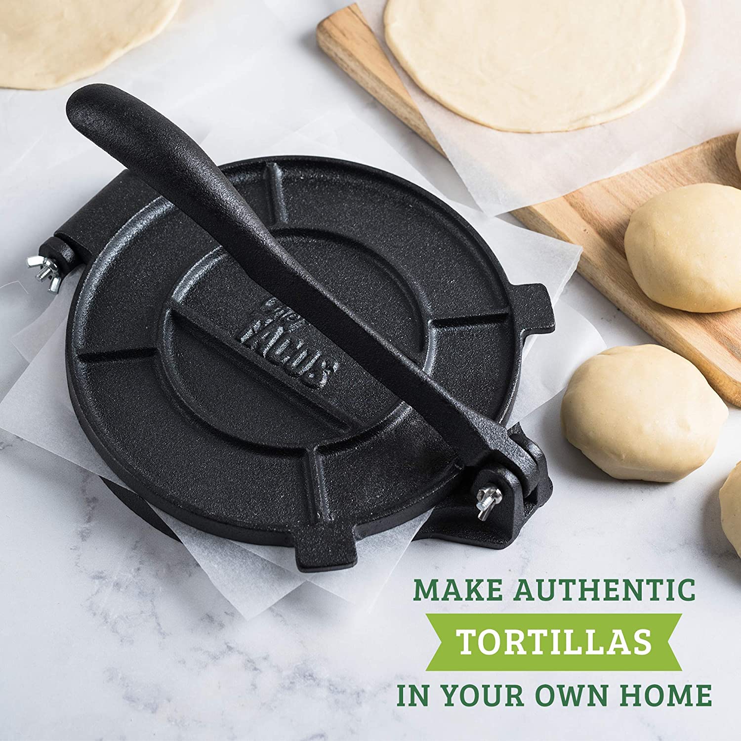 Chef Tacos Authentic Cast Iron Tortilla Press, 8-Inch, Pre-seasoned Corn or Flour Tortilla Maker, Pataconera, Roti Dough