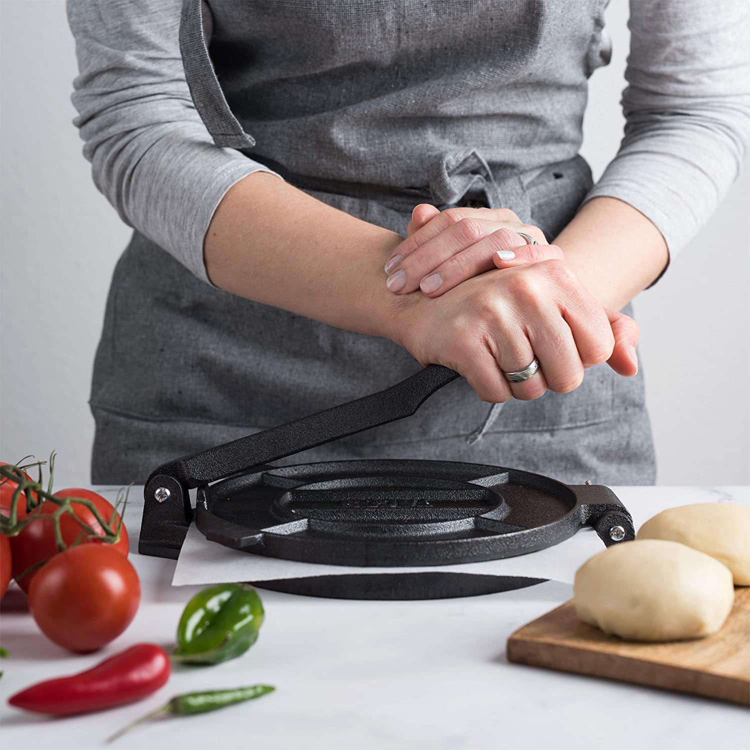 Chef Tacos Authentic Cast Iron Tortilla Press, 8-Inch, Pre-seasoned Corn or Flour Tortilla Maker, Pataconera, Roti Dough