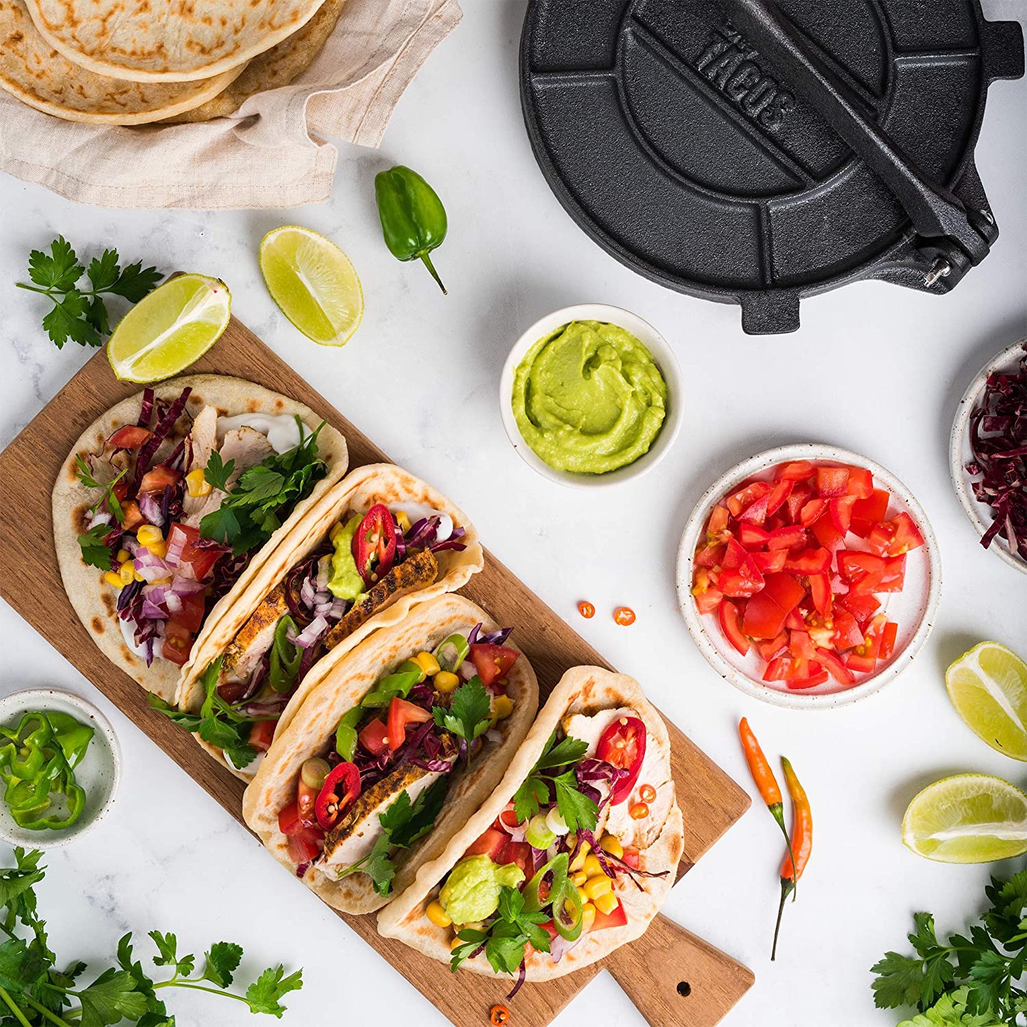Chef Tacos Authentic Cast Iron Tortilla Press, 8-Inch, Pre-seasoned Corn or Flour Tortilla Maker, Pataconera, Roti Dough
