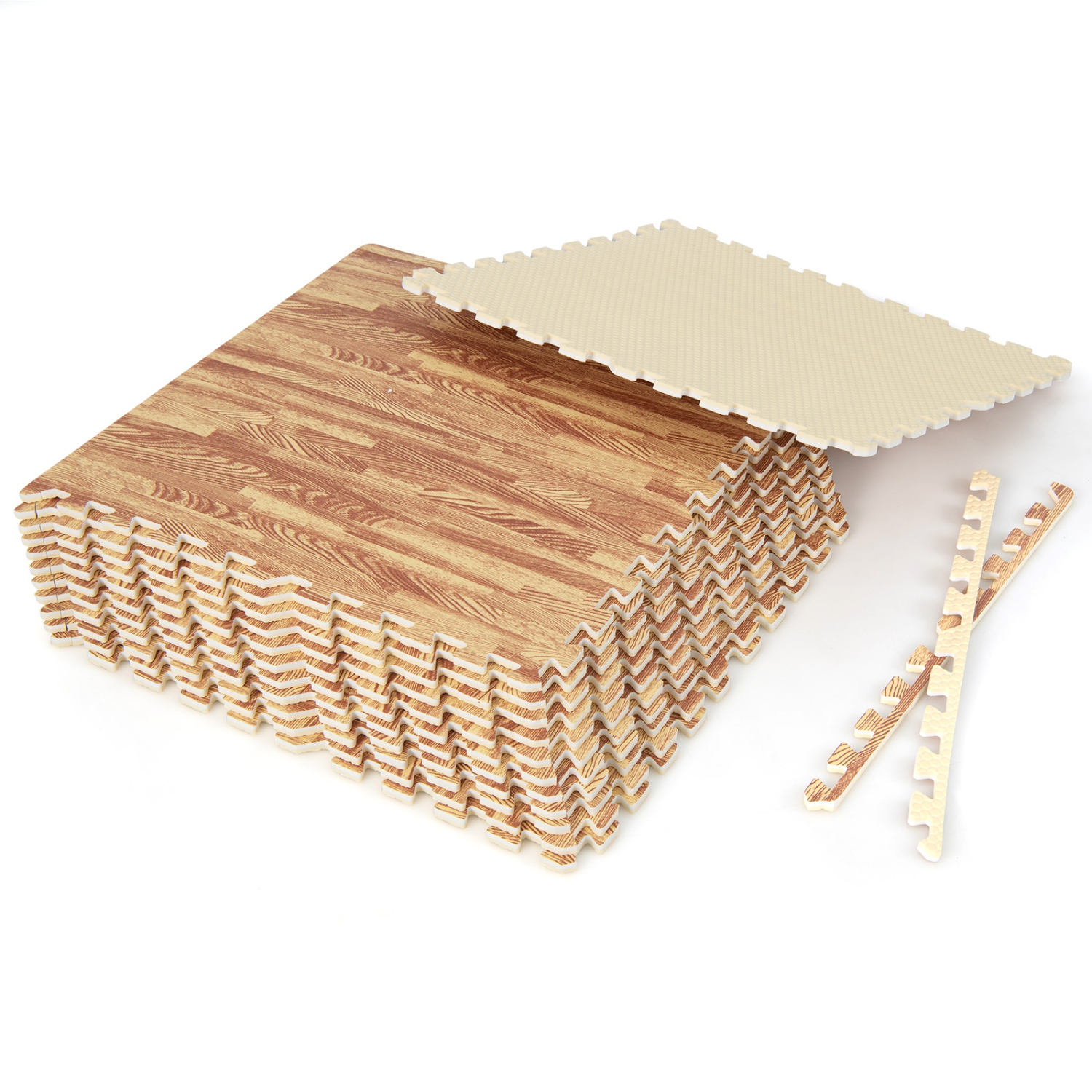 Tapis de sol en mousse EVA à motif de grain de bois 12 Tiles de Costway, imbricables avec bordures, 24 po, naturel