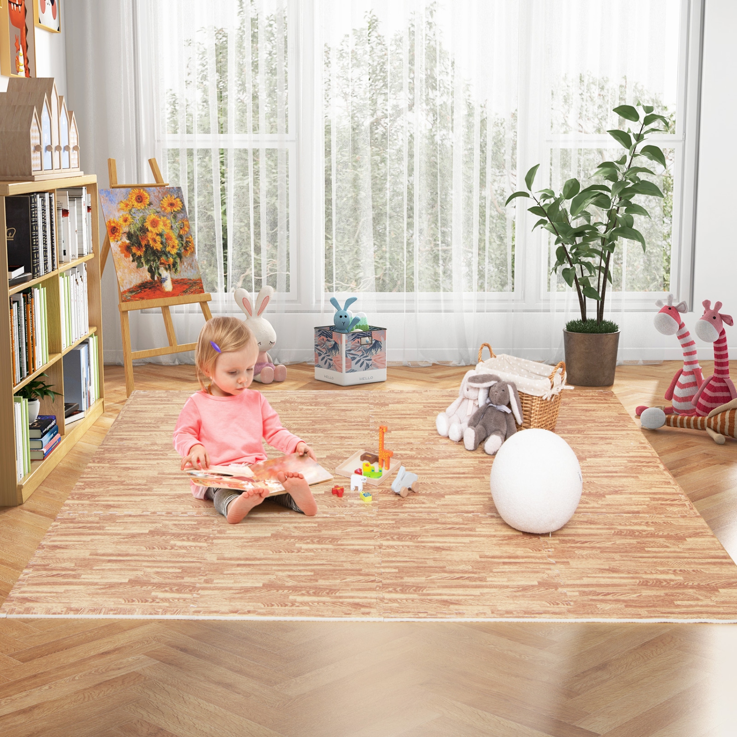 Tapis de sol en mousse EVA à motif de grain de bois 12 Tiles de Costway, imbricables avec bordures, 24 po, naturel