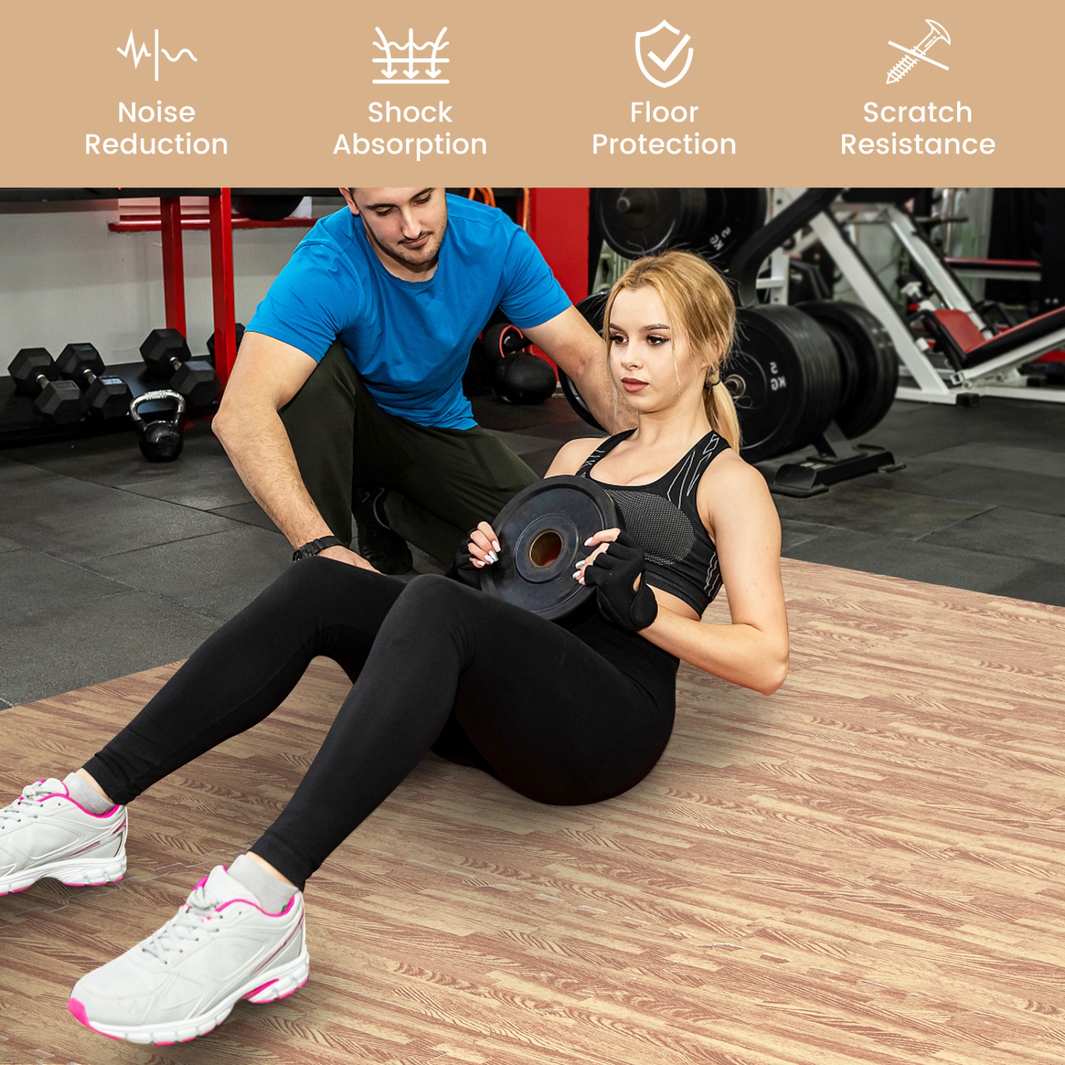 Tapis de sol en mousse EVA à motif de grain de bois 12 Tiles de Costway, imbricables avec bordures, 24 po, naturel