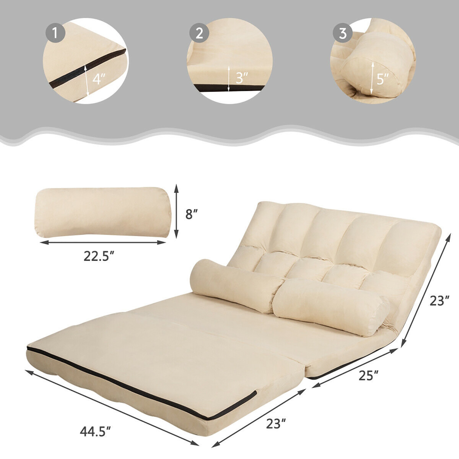 Costway Foldable Floor Sofa Bed 6-Position Adjustable Lounge Couch with 2 Pillows Blue\Beige\Grey