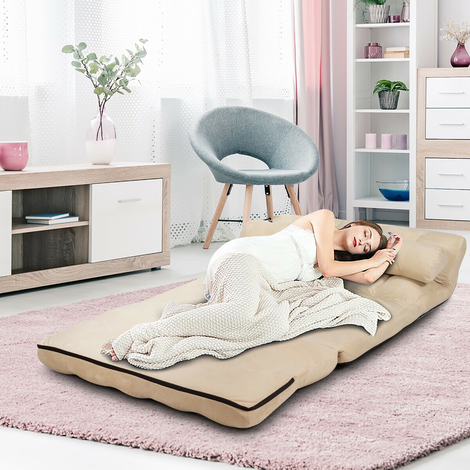 Costway Foldable Floor Sofa Bed 6-Position Adjustable Lounge Couch with 2 Pillows Blue\Beige\Grey