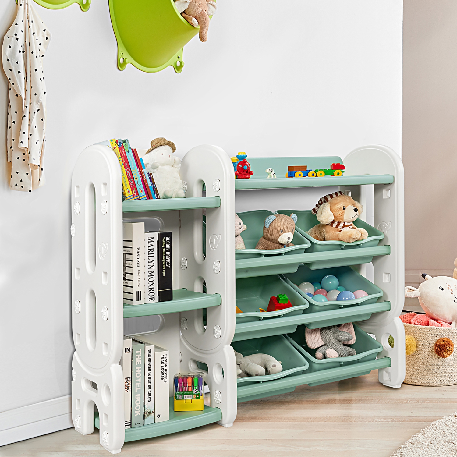 Costway Kids Toy Storage Organizer w/Bins & Multi-Layer Shelf for Bedroom Playroom Green\Blue