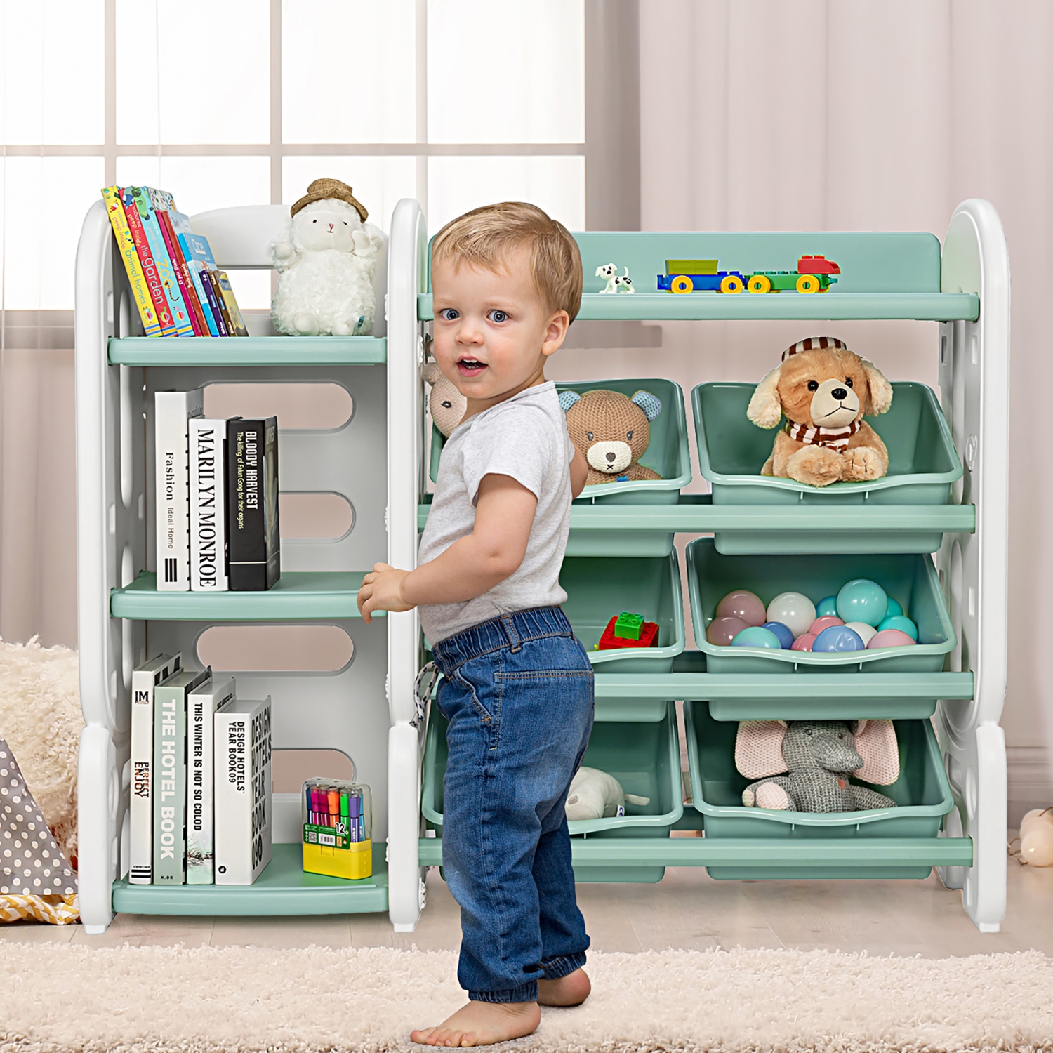 Costway Kids Toy Storage Organizer w/Bins & Multi-Layer Shelf for Bedroom Playroom Green\Blue