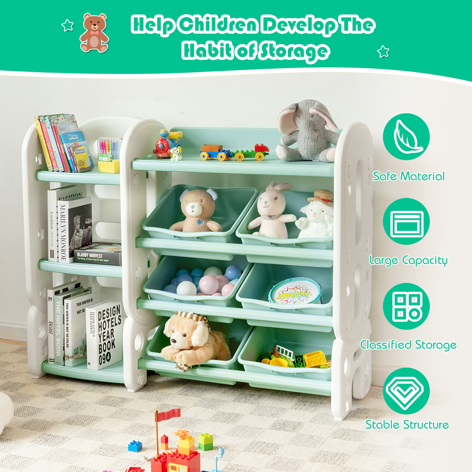 Costway Kids Toy Storage Organizer w/Bins & Multi-Layer Shelf for Bedroom Playroom Green\Blue